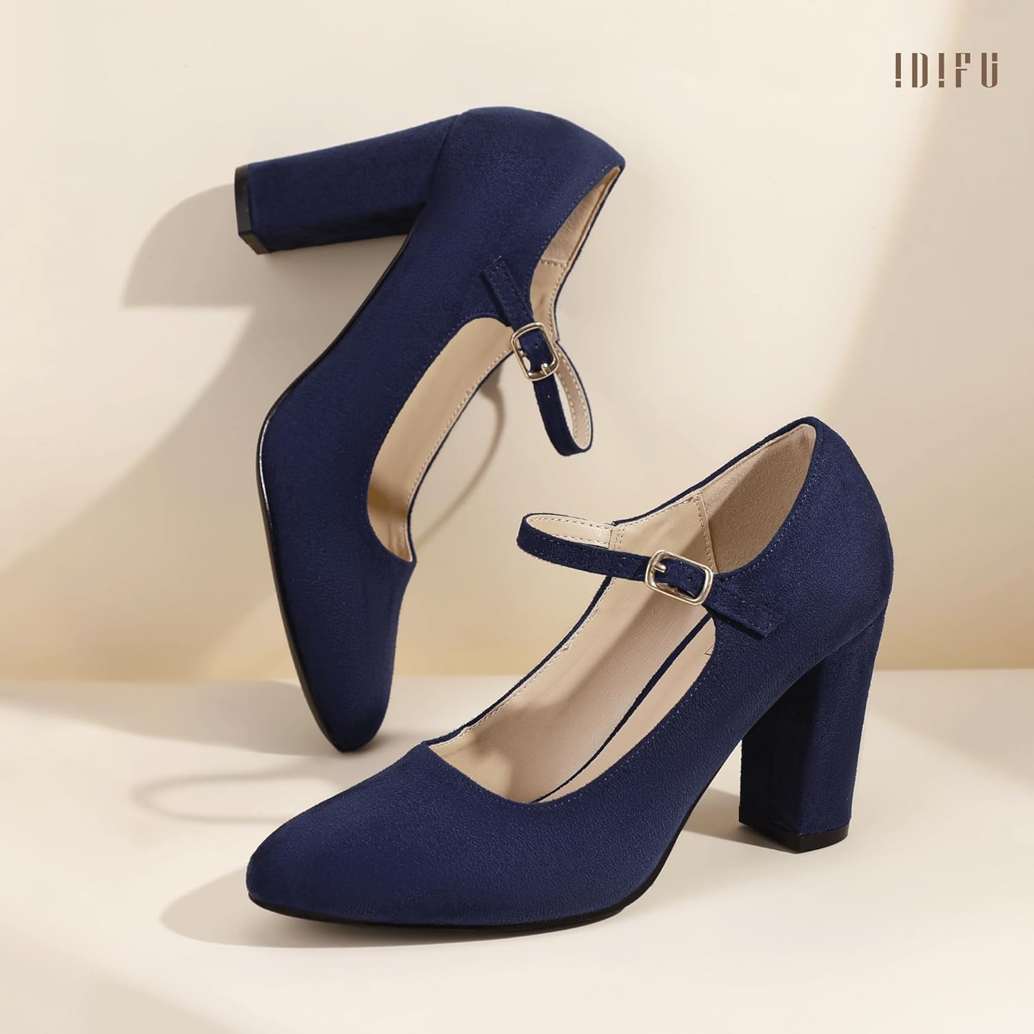 image:imageIDIFU IN4 Womens Pumps Mary Jane Dress Shoes for Women Closed Toe Heels High Chunky Block Heels Dressy Wedding Bride Prom Graduation Business Heels Comfortable Formal Vintage Round Toe Pumps ShoesNavy Blue Suede