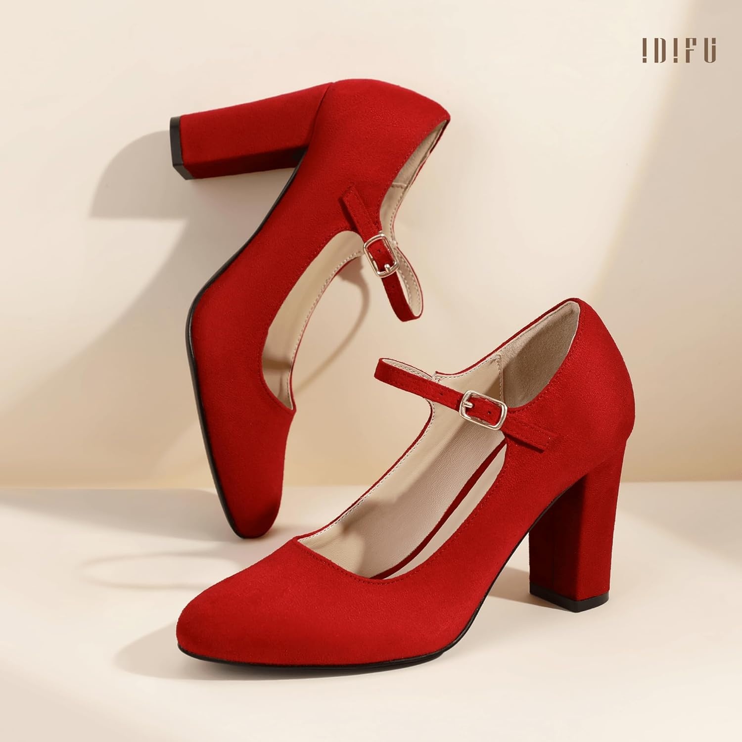 image:imageIDIFU IN4 Womens Pumps Mary Jane Dress Shoes for Women Closed Toe Heels High Chunky Block Heels Dressy Wedding Bride Prom Graduation Business Heels Comfortable Formal Vintage Round Toe Pumps ShoesRed Suede