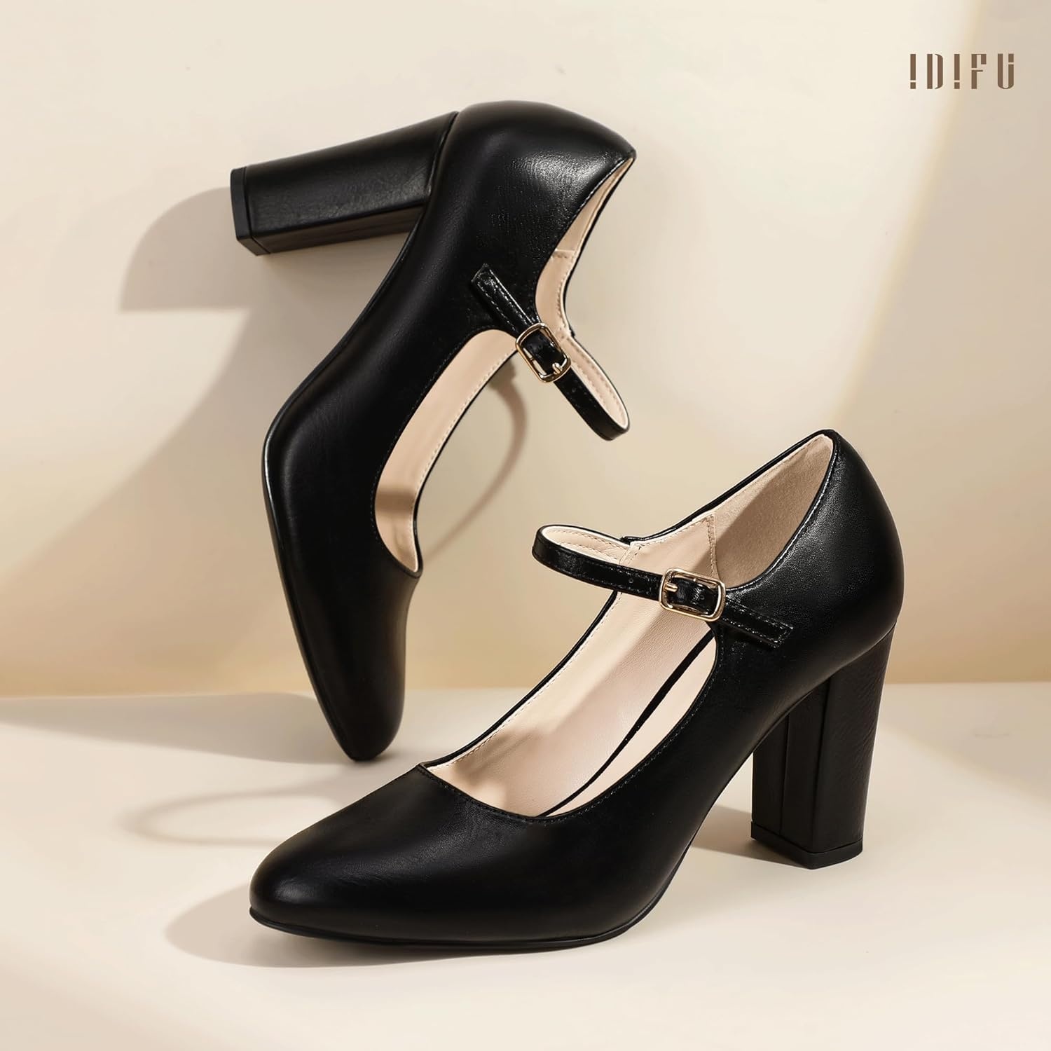 image:imageIDIFU IN4 Womens Pumps Mary Jane Dress Shoes for Women Closed Toe Heels High Chunky Block Heels Dressy Wedding Bride Prom Graduation Business Heels Comfortable Formal Vintage Round Toe Pumps ShoesBlack Pu