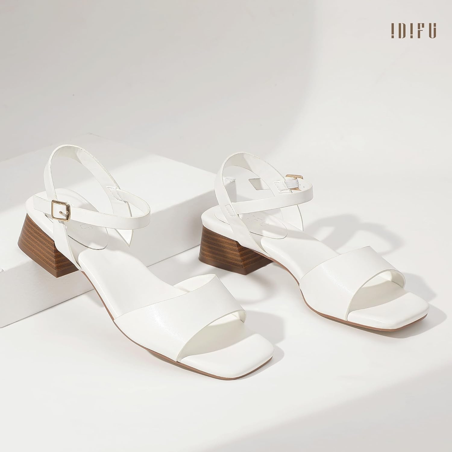 image:imageIDIFU Low Heels for Women Square Toe Chunky Block Heeled Sandals Ankle Strap Open Toe Dress Shoes Wedding Bride Bridal Prom Evening Party Comfortable Dressy Casual Cute Short HeelsWhite Pu