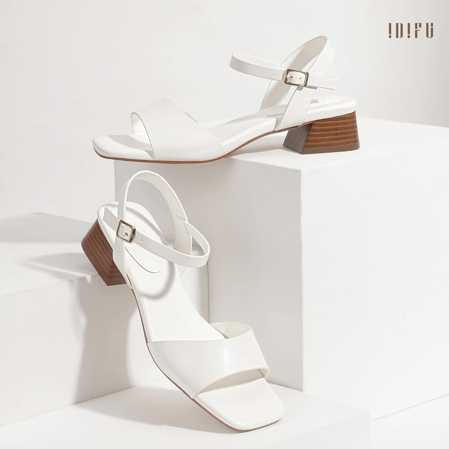 image:imageIDIFU Low Heels for Women Square Toe Chunky Block Heeled Sandals Ankle Strap Open Toe Dress Shoes Wedding Bride Bridal Prom Evening Party Comfortable Dressy Casual Cute Short HeelsWhite Pu