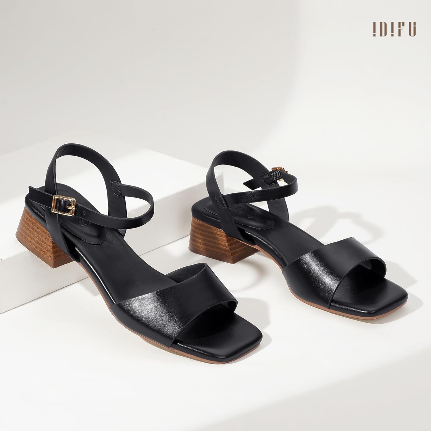 image:imageIDIFU Low Heels for Women Square Toe Chunky Block Heeled Sandals Ankle Strap Open Toe Dress Shoes Wedding Bride Bridal Prom Evening Party Comfortable Dressy Casual Cute Short HeelsBlack Pu
