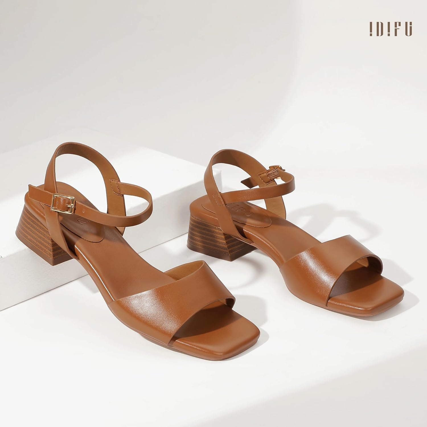 image:imageIDIFU Low Heels for Women Square Toe Chunky Block Heeled Sandals Ankle Strap Open Toe Dress Shoes Wedding Bride Bridal Prom Evening Party Comfortable Dressy Casual Cute Short HeelsBrown Pu