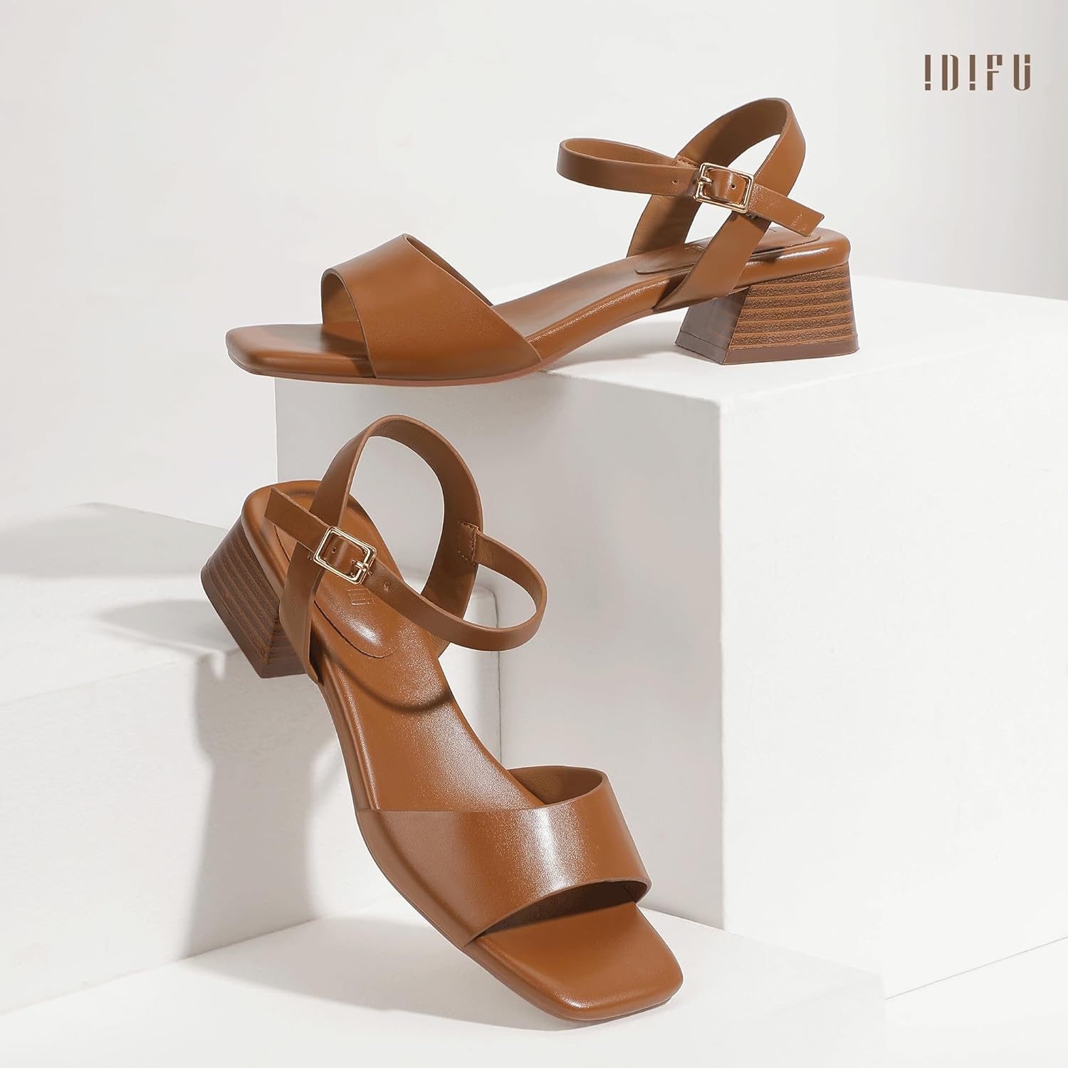 image:imageIDIFU Low Heels for Women Square Toe Chunky Block Heeled Sandals Ankle Strap Open Toe Dress Shoes Wedding Bride Bridal Prom Evening Party Comfortable Dressy Casual Cute Short HeelsBrown Pu