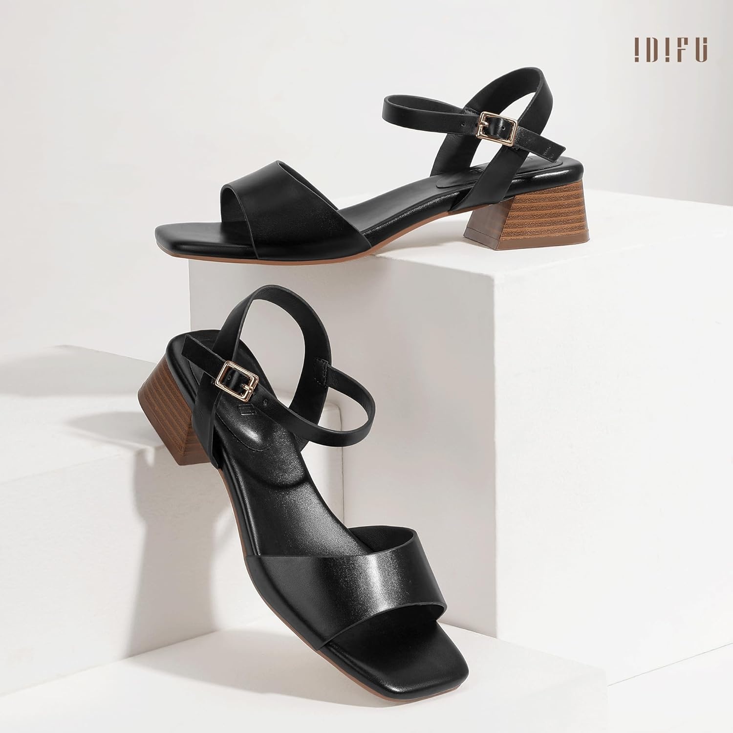 image:imageIDIFU Low Heels for Women Square Toe Chunky Block Heeled Sandals Ankle Strap Open Toe Dress Shoes Wedding Bride Bridal Prom Evening Party Comfortable Dressy Casual Cute Short HeelsBlack Pu