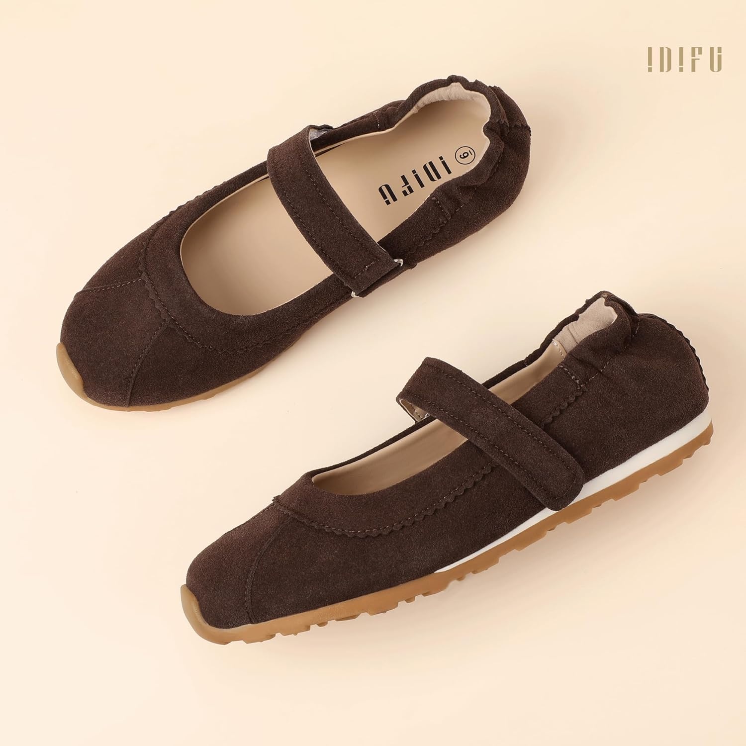 image:imageIDIFU Mary Jane Sneakers for Women Fashion Ankle Strap Ballet Flats with Adjustable Hook and Loop Comfortable Cute Closed Round Toe Slip On Dressy Walking Dress Shoes Office Travel Everyday SneakersBrown Nubuck