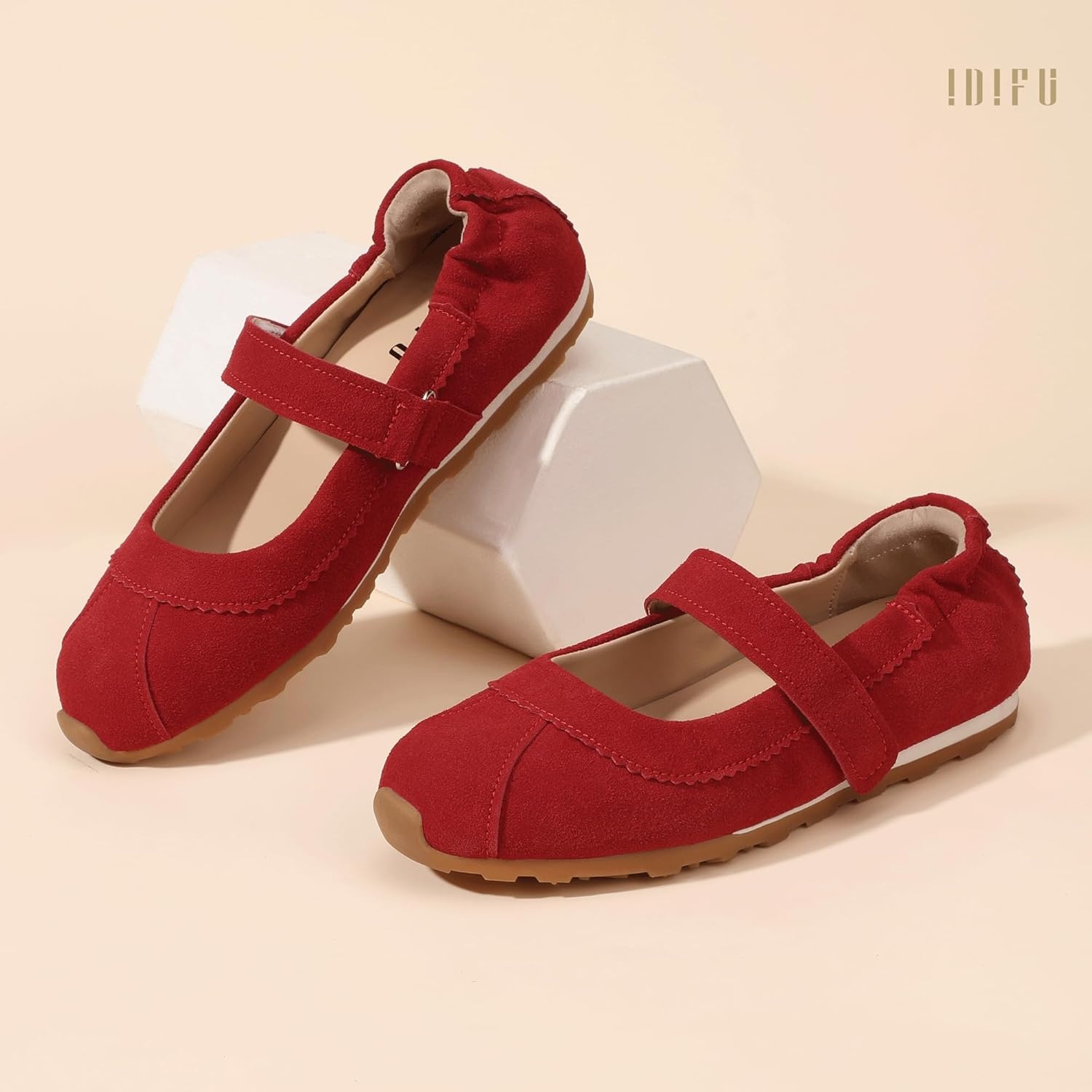 image:imageIDIFU Mary Jane Sneakers for Women Fashion Ankle Strap Ballet Flats with Adjustable Hook and Loop Comfortable Cute Closed Round Toe Slip On Dressy Walking Dress Shoes Office Travel Everyday SneakersRed Nubuck
