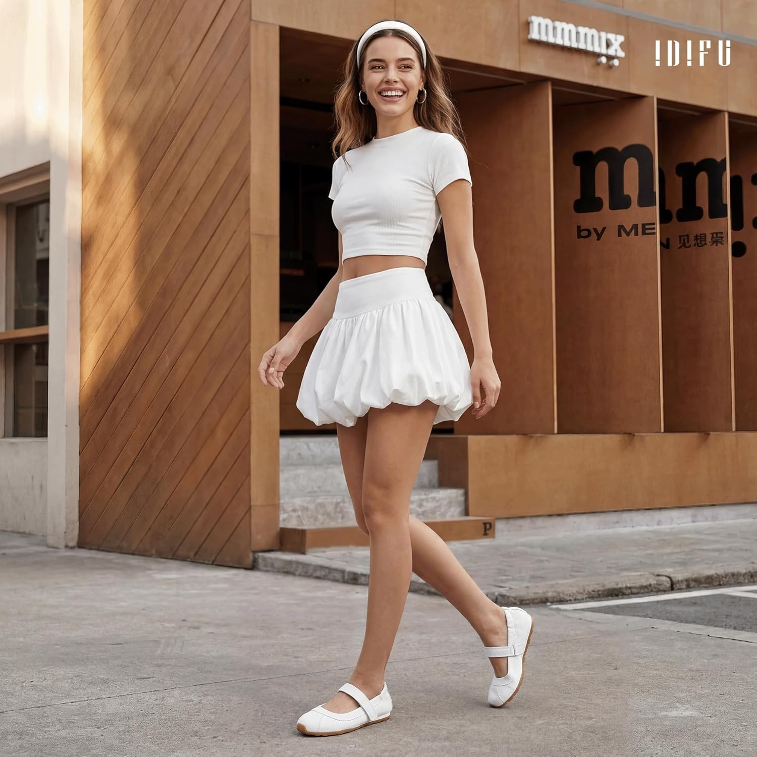 image:imageIDIFU Mary Jane Sneakers for Women Fashion Ankle Strap Ballet Flats with Adjustable Hook and Loop Comfortable Cute Closed Round Toe Slip On Dressy Walking Dress Shoes Office Travel Everyday SneakersWhite Nubuck