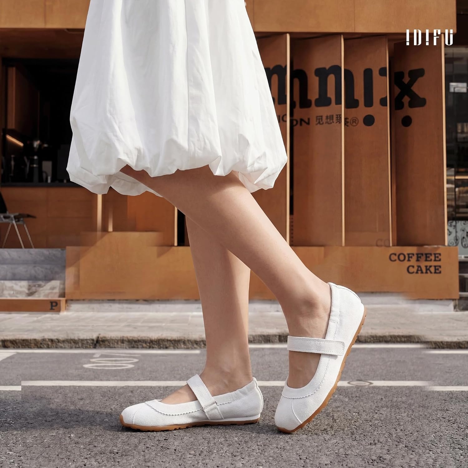 image:imageIDIFU Mary Jane Sneakers for Women Fashion Ankle Strap Ballet Flats with Adjustable Hook and Loop Comfortable Cute Closed Round Toe Slip On Dressy Walking Dress Shoes Office Travel Everyday SneakersWhite Nubuck