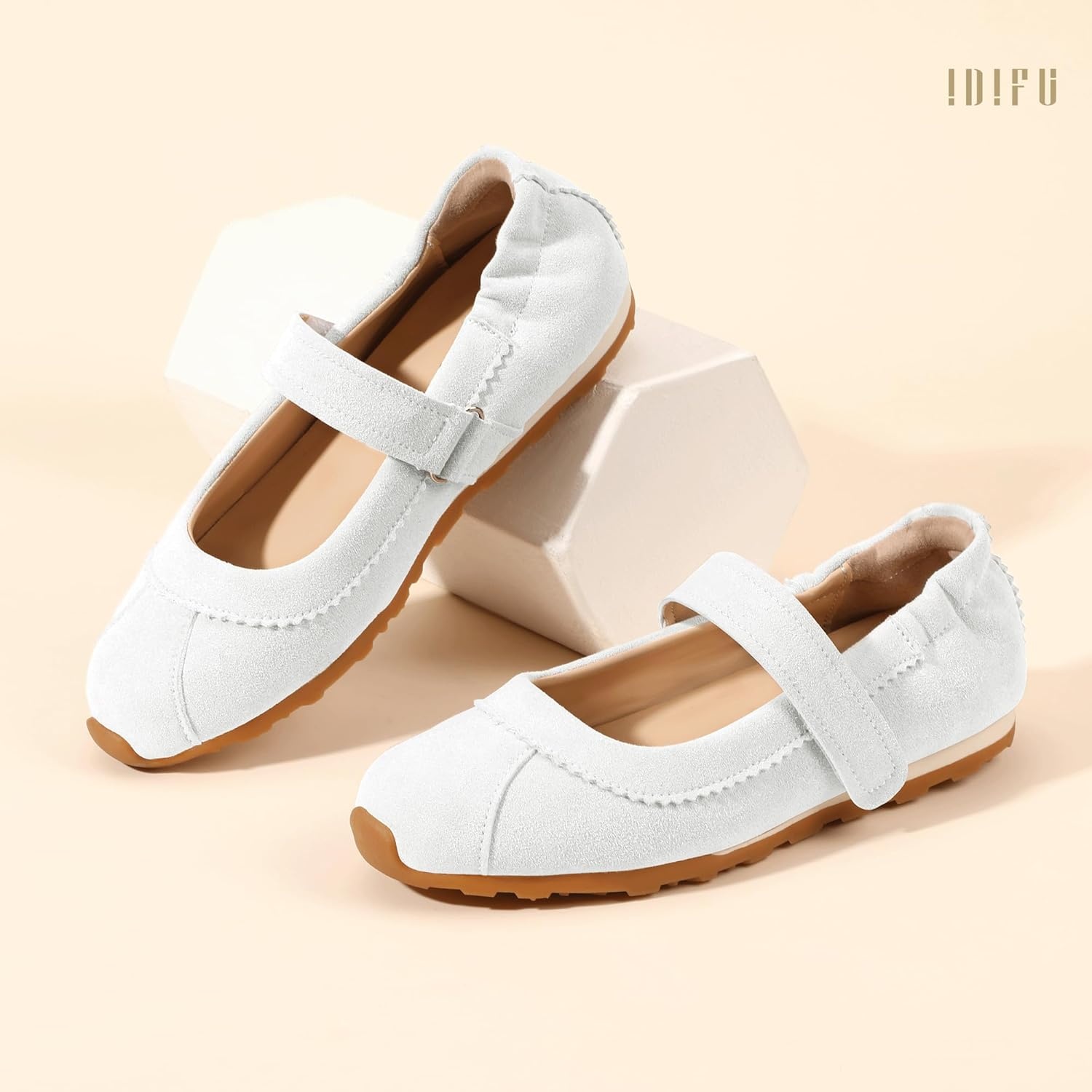 image:imageIDIFU Mary Jane Sneakers for Women Fashion Ankle Strap Ballet Flats with Adjustable Hook and Loop Comfortable Cute Closed Round Toe Slip On Dressy Walking Dress Shoes Office Travel Everyday SneakersWhite Nubuck