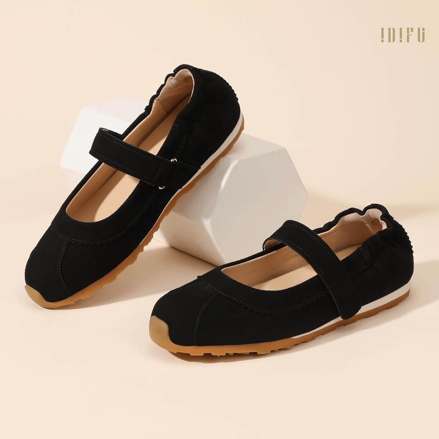 image:imageIDIFU Mary Jane Sneakers for Women Fashion Ankle Strap Ballet Flats with Adjustable Hook and Loop Comfortable Cute Closed Round Toe Slip On Dressy Walking Dress Shoes Office Travel Everyday SneakersBlack Nubuck