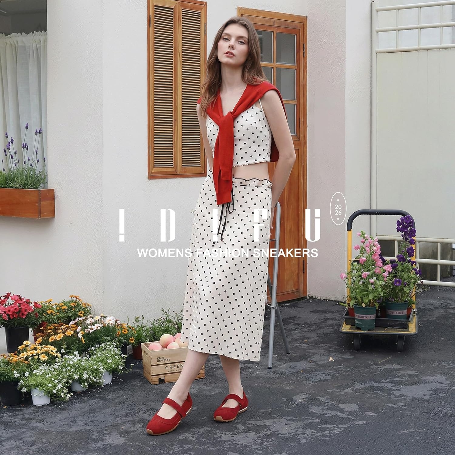 image:imageIDIFU Mary Jane Sneakers for Women Fashion Ankle Strap Ballet Flats with Adjustable Hook and Loop Comfortable Cute Closed Round Toe Slip On Dressy Walking Dress Shoes Office Travel Everyday SneakersRed Nubuck