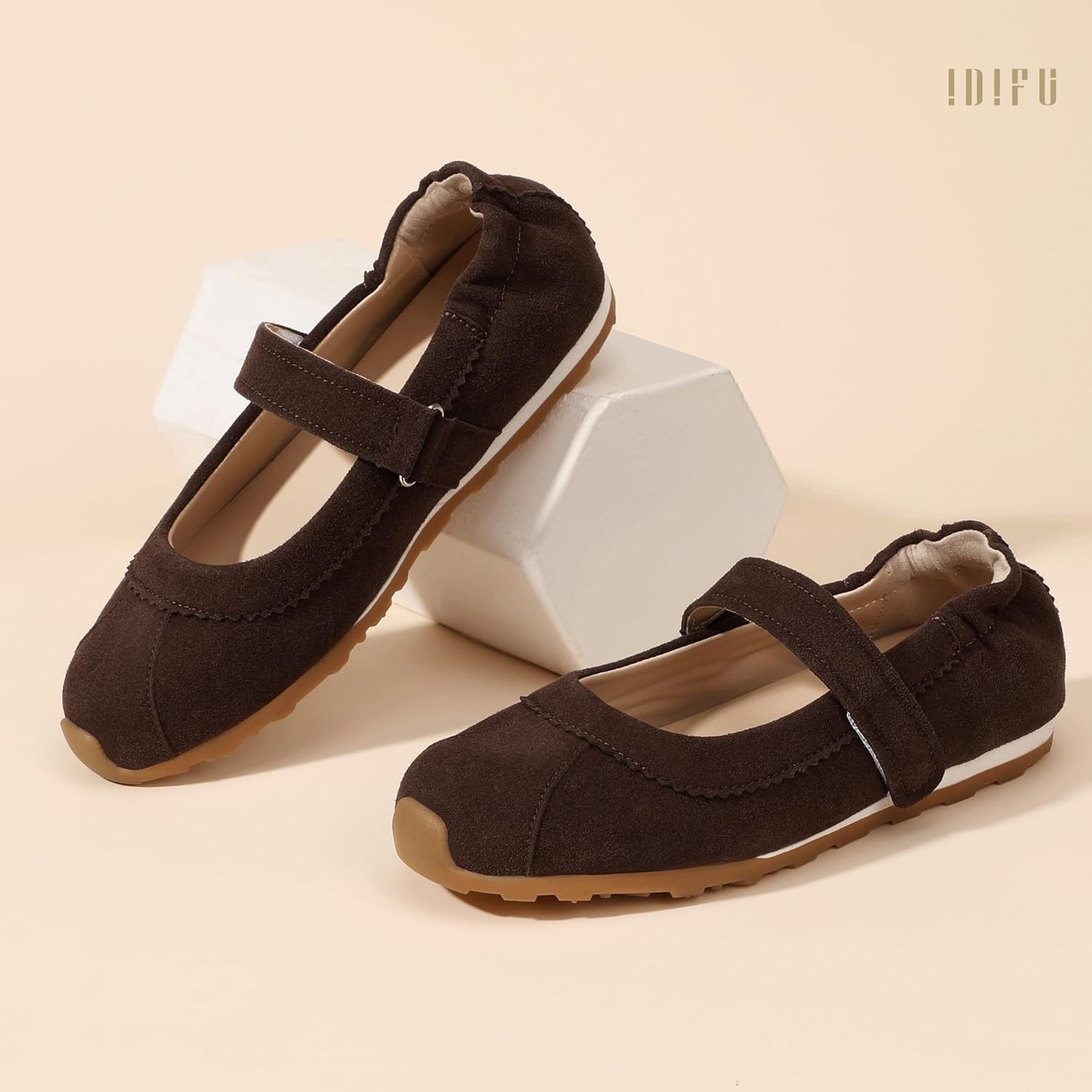 image:imageIDIFU Mary Jane Sneakers for Women Fashion Ankle Strap Ballet Flats with Adjustable Hook and Loop Comfortable Cute Closed Round Toe Slip On Dressy Walking Dress Shoes Office Travel Everyday SneakersBrown Nubuck