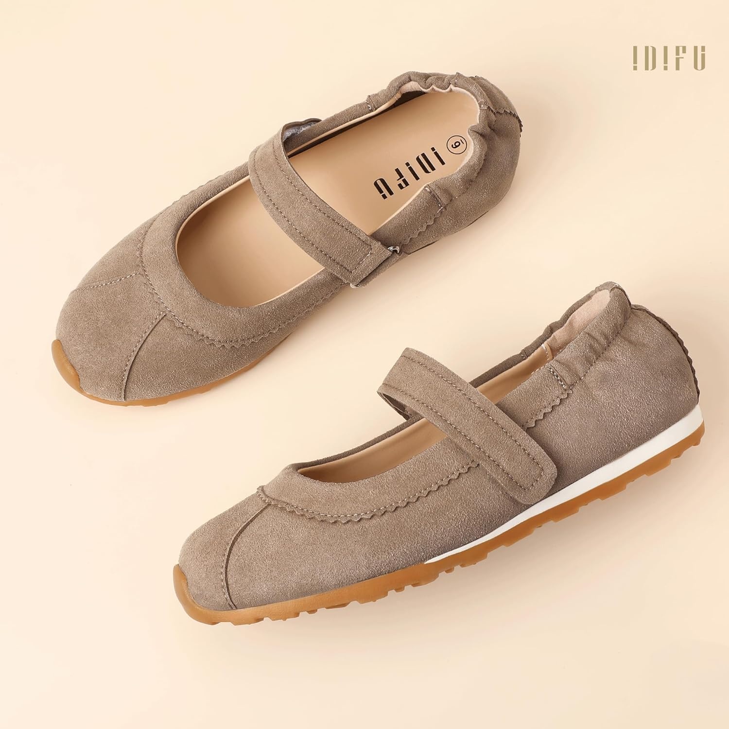 image:imageIDIFU Mary Jane Sneakers for Women Fashion Ankle Strap Ballet Flats with Adjustable Hook and Loop Comfortable Cute Closed Round Toe Slip On Dressy Walking Dress Shoes Office Travel Everyday SneakersTaupe Nubuck