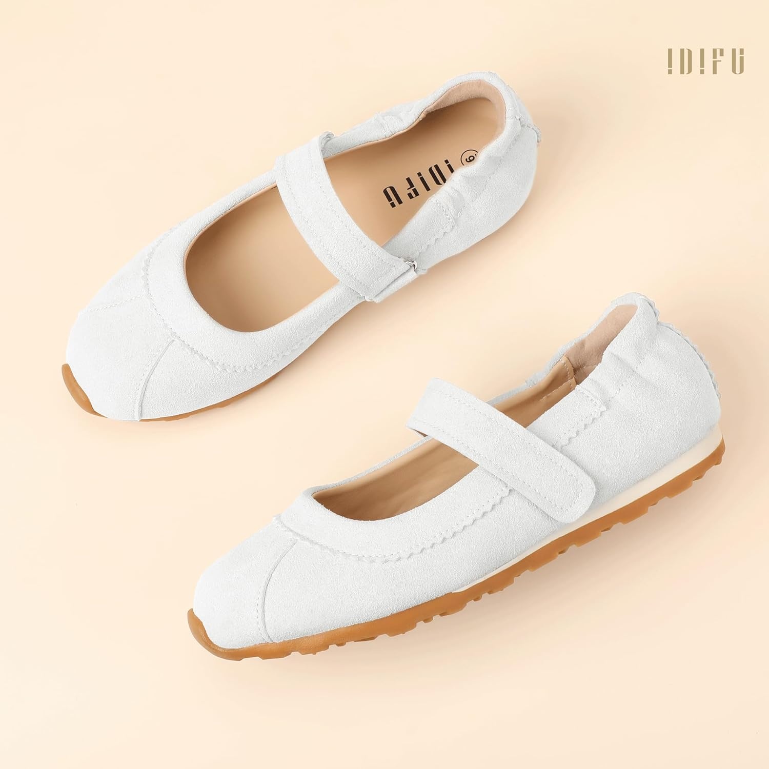 image:imageIDIFU Mary Jane Sneakers for Women Fashion Ankle Strap Ballet Flats with Adjustable Hook and Loop Comfortable Cute Closed Round Toe Slip On Dressy Walking Dress Shoes Office Travel Everyday SneakersWhite Nubuck