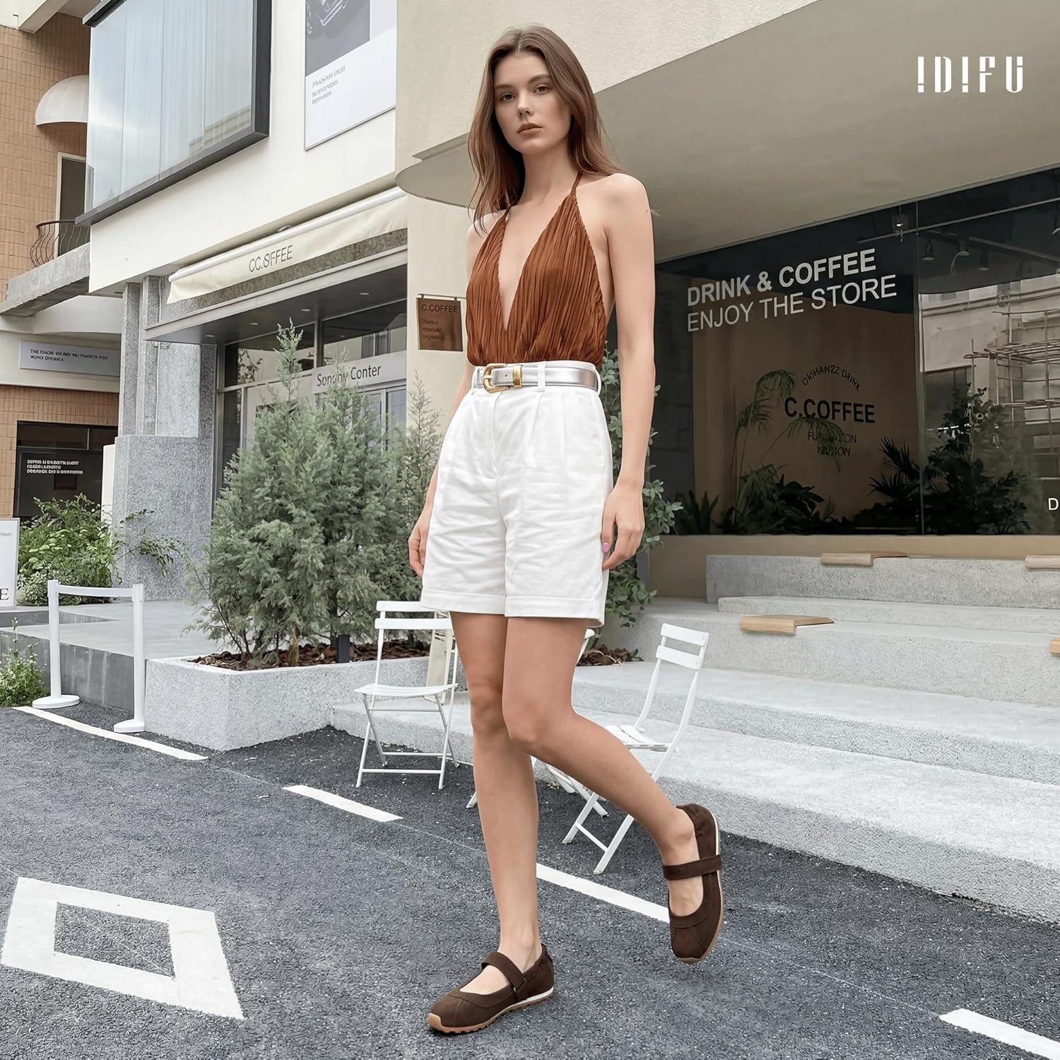 image:imageIDIFU Mary Jane Sneakers for Women Fashion Ankle Strap Ballet Flats with Adjustable Hook and Loop Comfortable Cute Closed Round Toe Slip On Dressy Walking Dress Shoes Office Travel Everyday SneakersBrown Nubuck