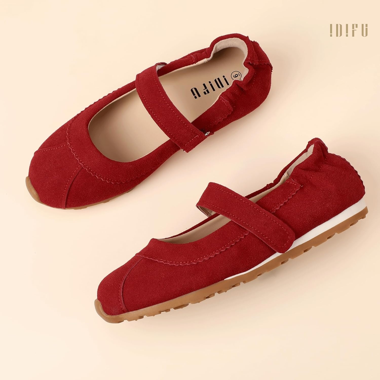 image:imageIDIFU Mary Jane Sneakers for Women Fashion Ankle Strap Ballet Flats with Adjustable Hook and Loop Comfortable Cute Closed Round Toe Slip On Dressy Walking Dress Shoes Office Travel Everyday SneakersRed Nubuck