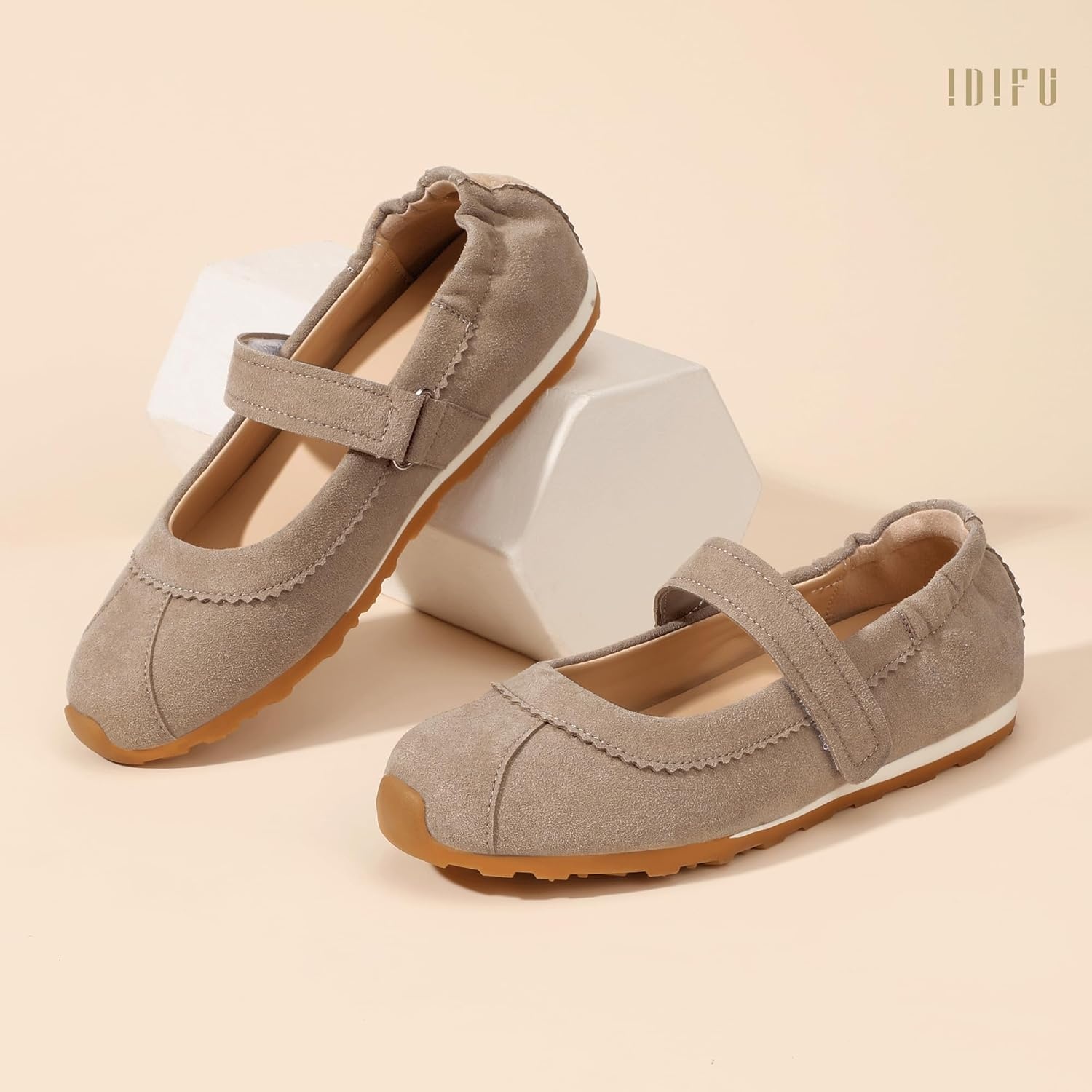 image:imageIDIFU Mary Jane Sneakers for Women Fashion Ankle Strap Ballet Flats with Adjustable Hook and Loop Comfortable Cute Closed Round Toe Slip On Dressy Walking Dress Shoes Office Travel Everyday SneakersTaupe Nubuck