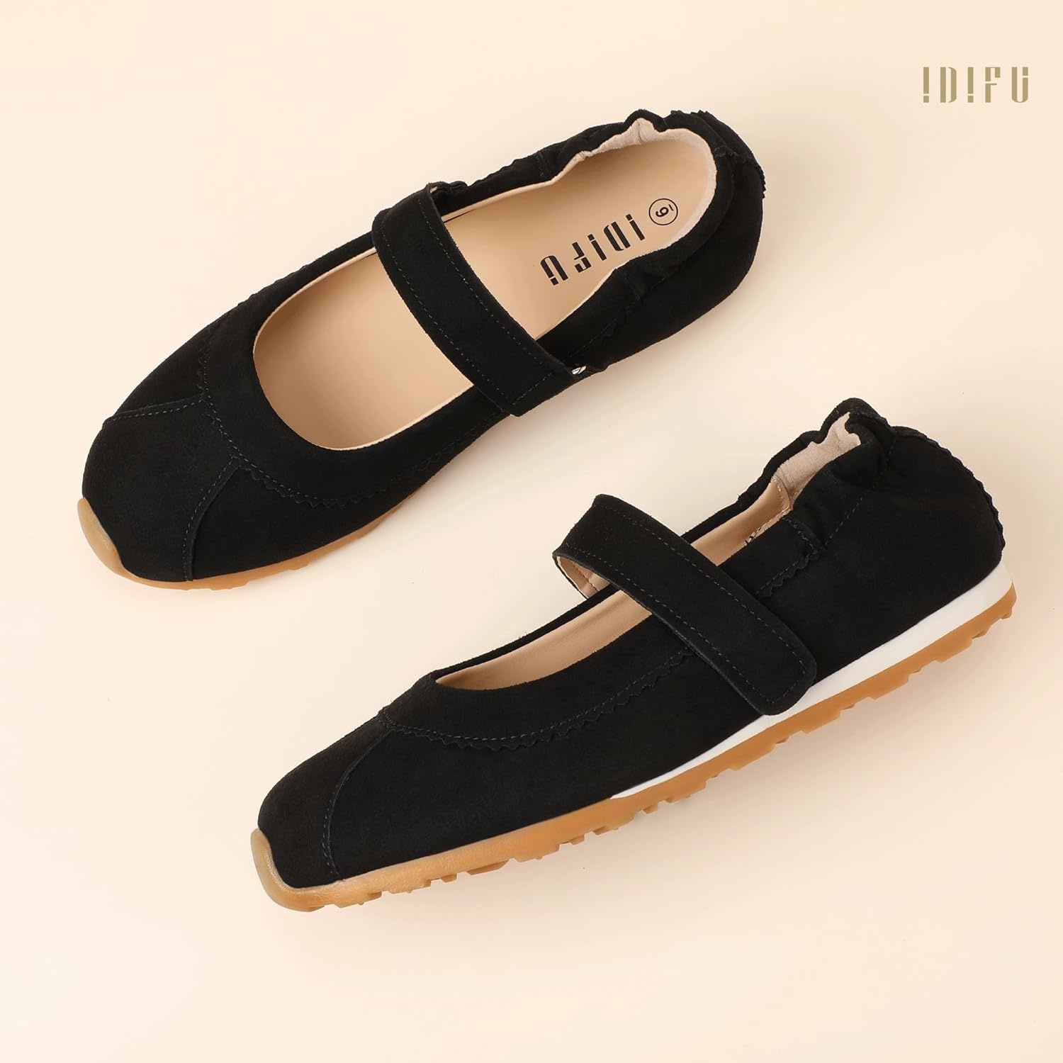image:imageIDIFU Mary Jane Sneakers for Women Fashion Ankle Strap Ballet Flats with Adjustable Hook and Loop Comfortable Cute Closed Round Toe Slip On Dressy Walking Dress Shoes Office Travel Everyday SneakersBlack Nubuck