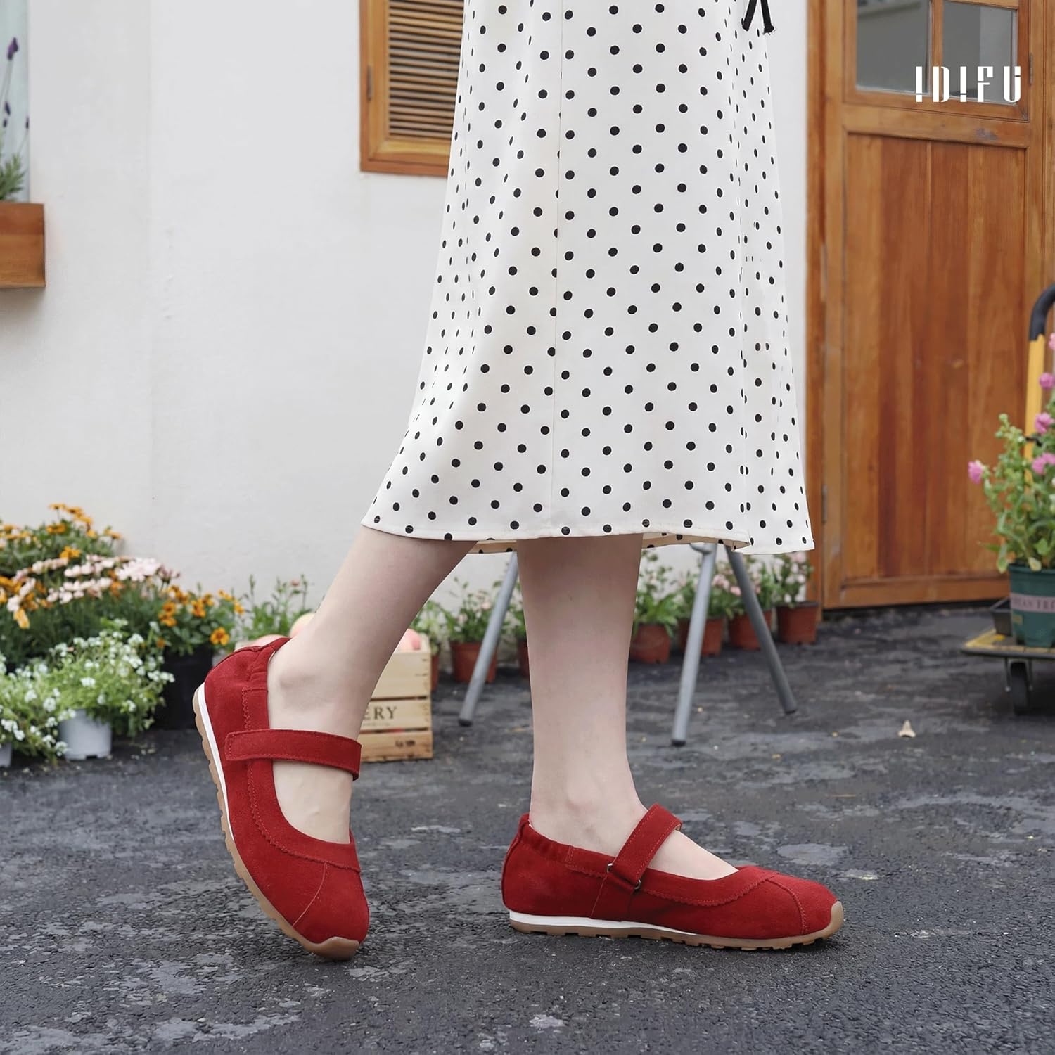 image:imageIDIFU Mary Jane Sneakers for Women Fashion Ankle Strap Ballet Flats with Adjustable Hook and Loop Comfortable Cute Closed Round Toe Slip On Dressy Walking Dress Shoes Office Travel Everyday SneakersRed Nubuck