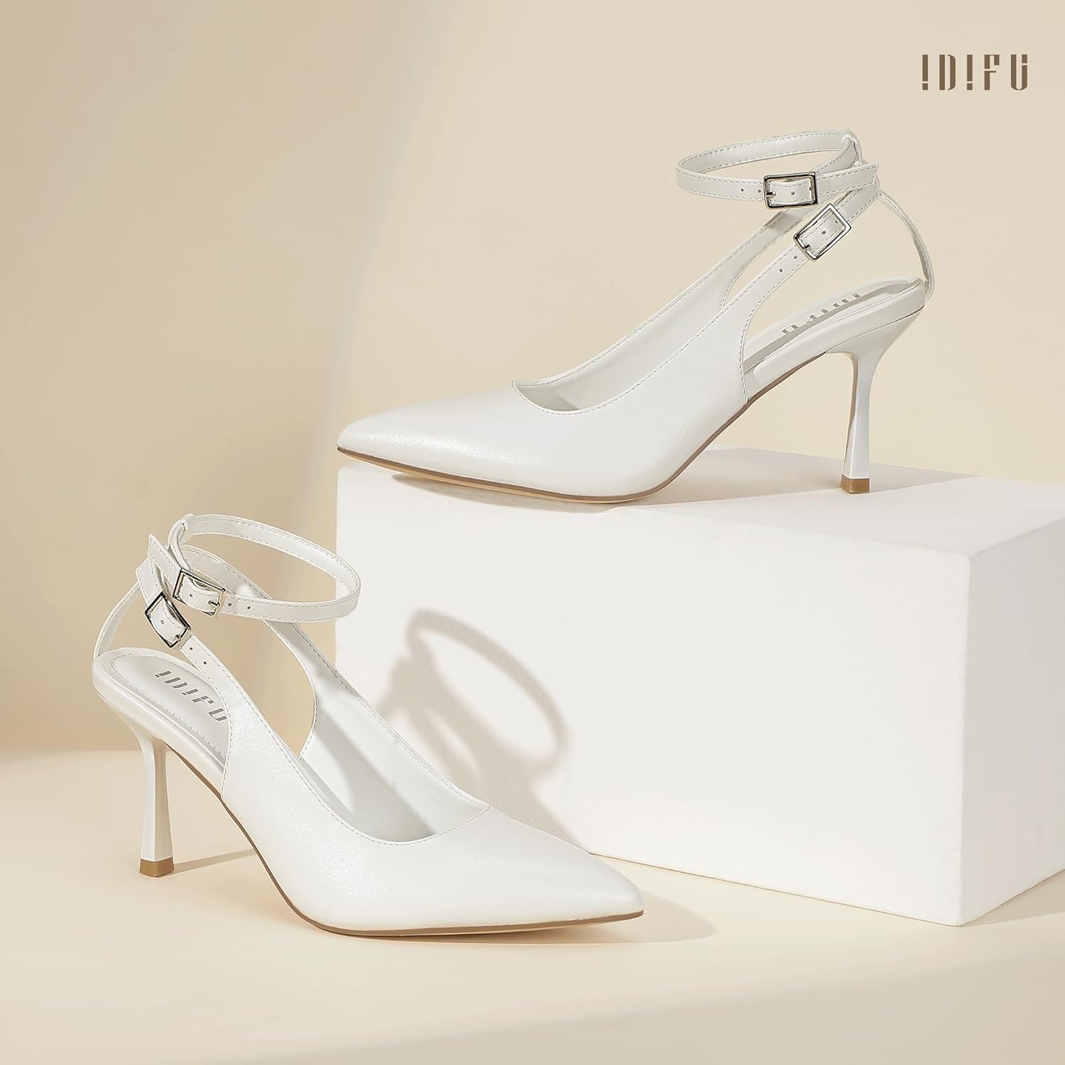 image:imageIDIFU Slingback Heels for Women Pumps Closed Toe High Stiletto Heels Pointed Toe Ankle Strap Dress Shoes Wedding Prom Bridal Party Work Fashion Sexy Comfortable PumpsWhite Pu