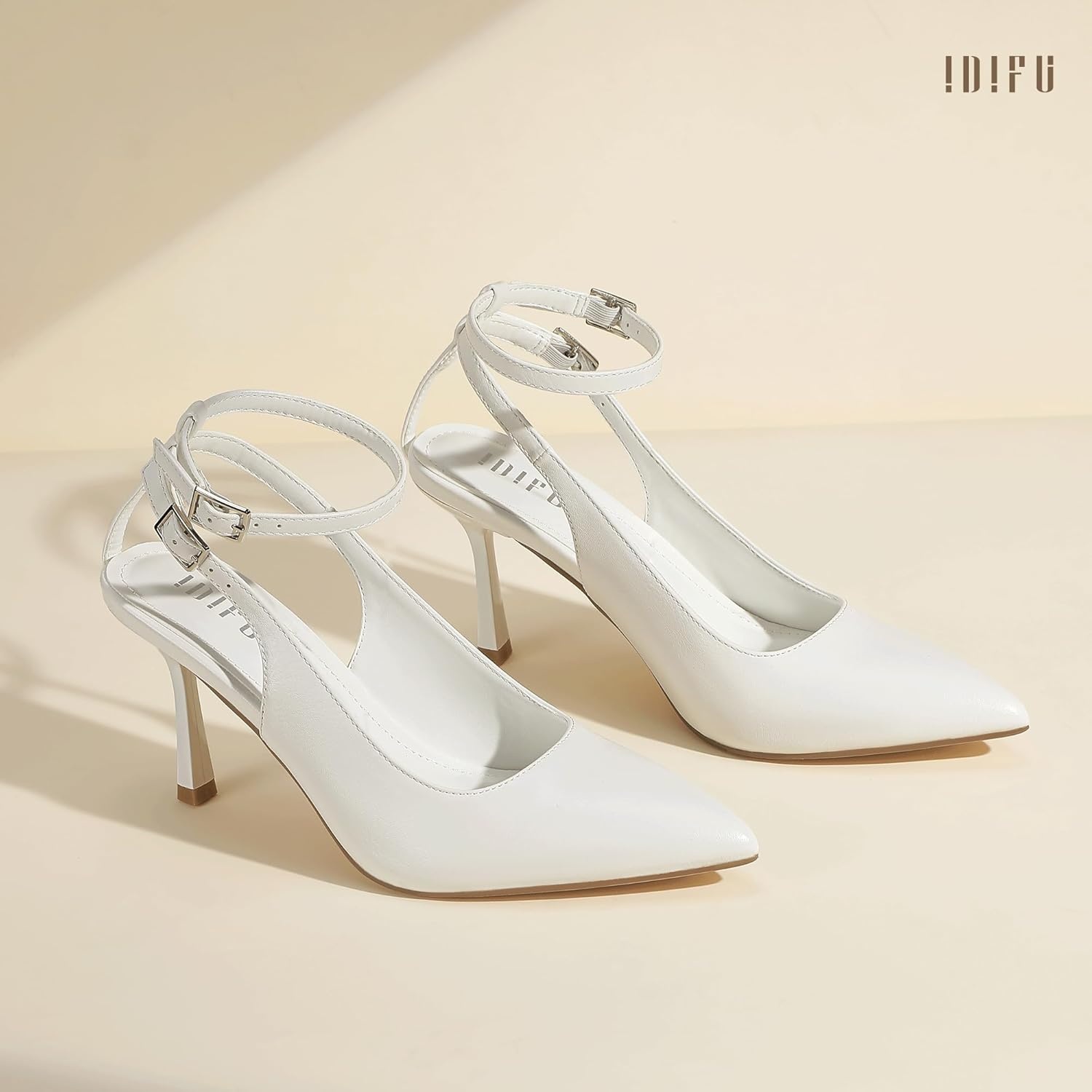image:imageIDIFU Slingback Heels for Women Pumps Closed Toe High Stiletto Heels Pointed Toe Ankle Strap Dress Shoes Wedding Prom Bridal Party Work Fashion Sexy Comfortable PumpsWhite Pu