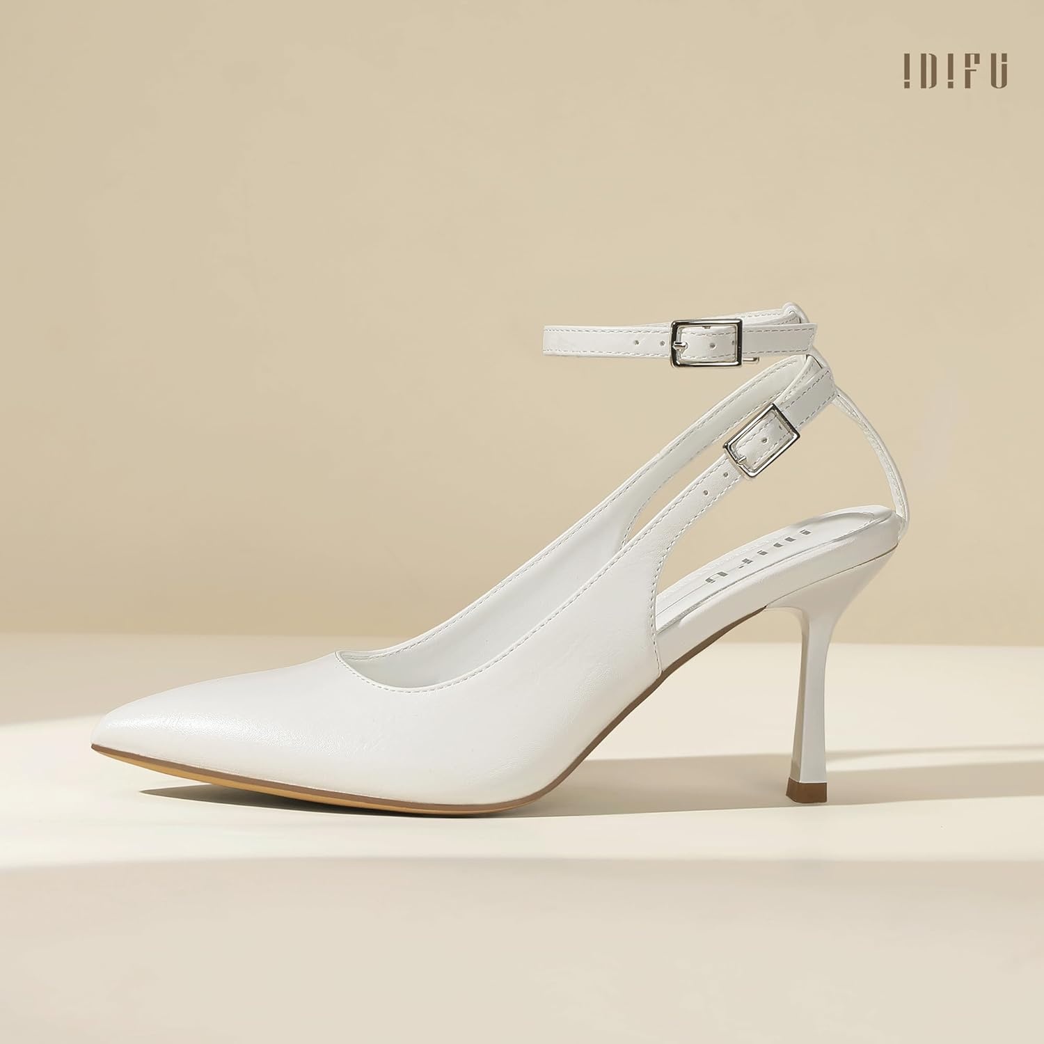 image:imageIDIFU Slingback Heels for Women Pumps Closed Toe High Stiletto Heels Pointed Toe Ankle Strap Dress Shoes Wedding Prom Bridal Party Work Fashion Sexy Comfortable PumpsWhite Pu