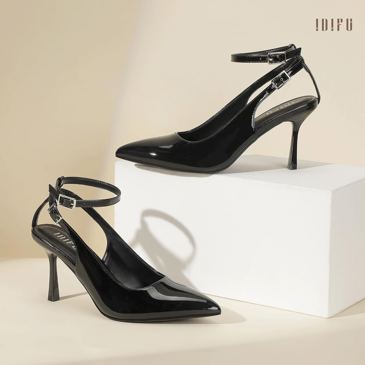 image:imageIDIFU Slingback Heels for Women Pumps Closed Toe High Stiletto Heels Pointed Toe Ankle Strap Dress Shoes Wedding Prom Bridal Party Work Fashion Sexy Comfortable PumpsBlack Pat