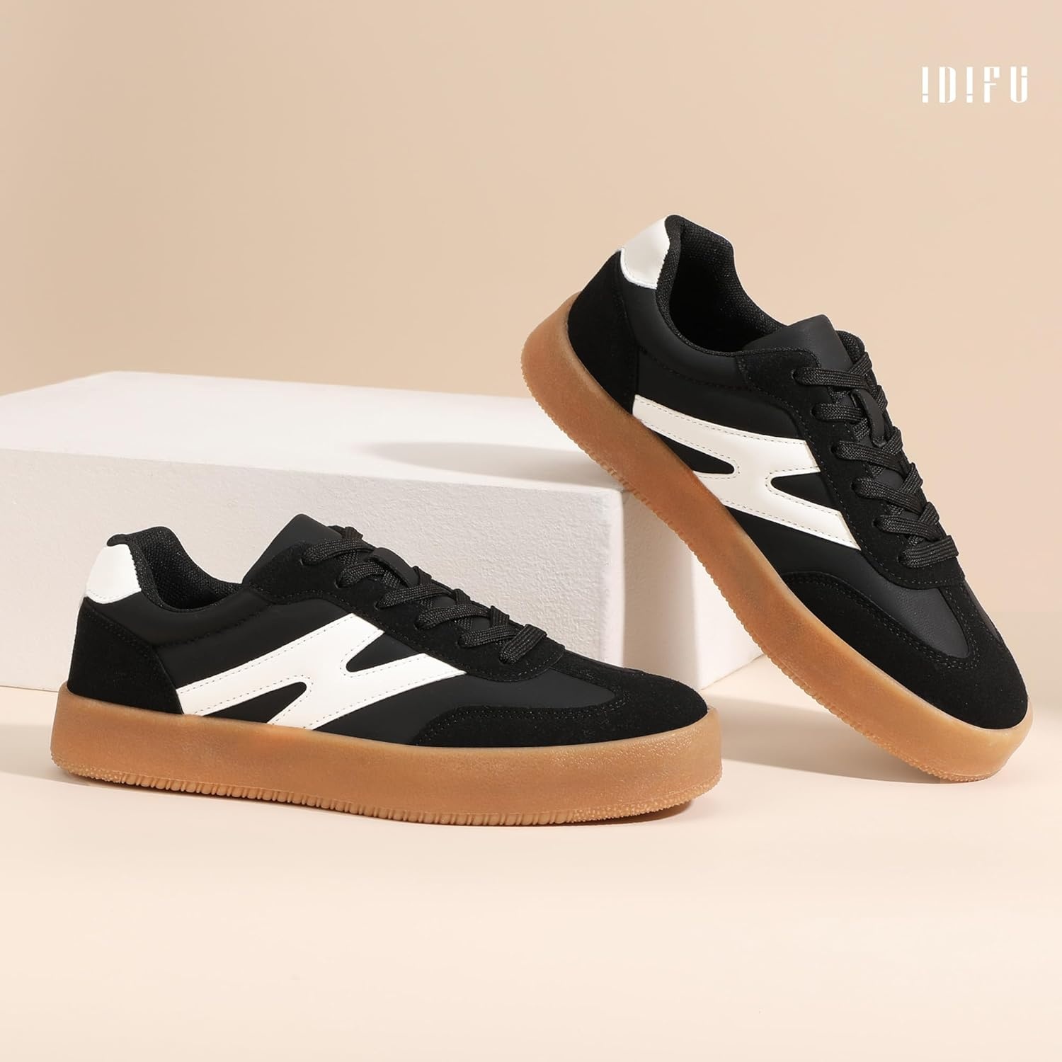 image:imageIDIFU Womens Fashion Sneakers Trendy Comfortable Cute Laceup Shoes Tennis Work Ladies Shoes Casual Classic Retro Non Slip Lightweight SneakersBlack Pu