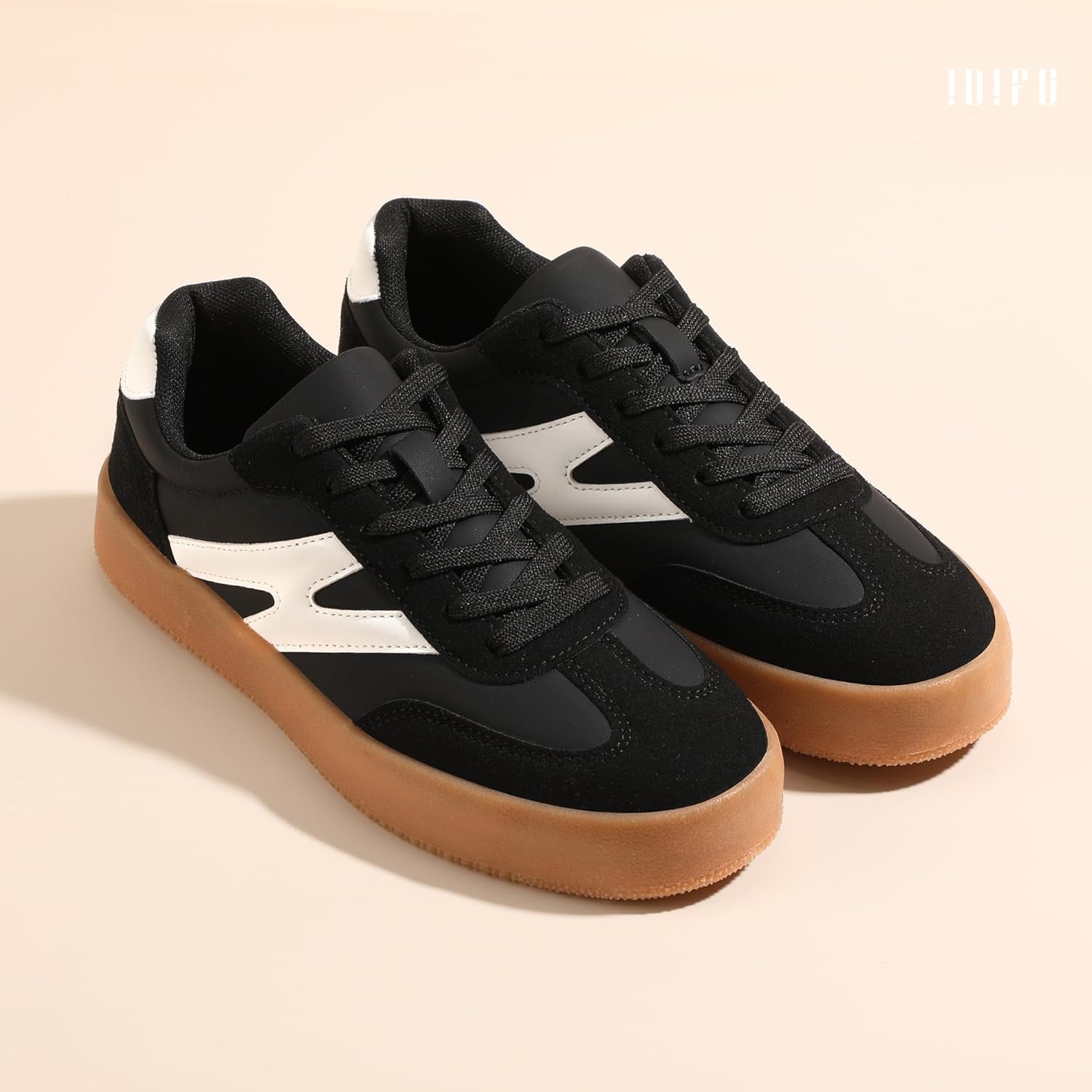image:imageIDIFU Womens Fashion Sneakers Trendy Comfortable Cute Laceup Shoes Tennis Work Ladies Shoes Casual Classic Retro Non Slip Lightweight SneakersBlack Pu