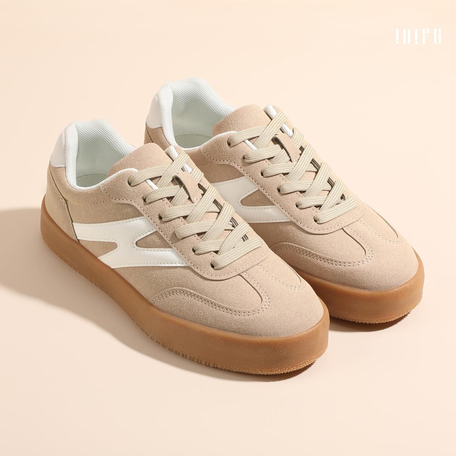 image:imageIDIFU Womens Fashion Sneakers Trendy Comfortable Cute Laceup Shoes Tennis Work Ladies Shoes Casual Classic Retro Non Slip Lightweight SneakersNude Suede
