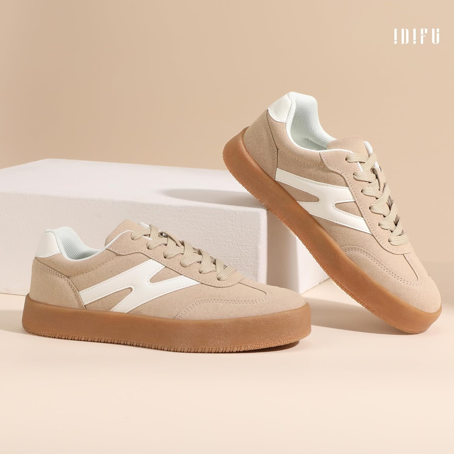 image:imageIDIFU Womens Fashion Sneakers Trendy Comfortable Cute Laceup Shoes Tennis Work Ladies Shoes Casual Classic Retro Non Slip Lightweight SneakersNude Suede