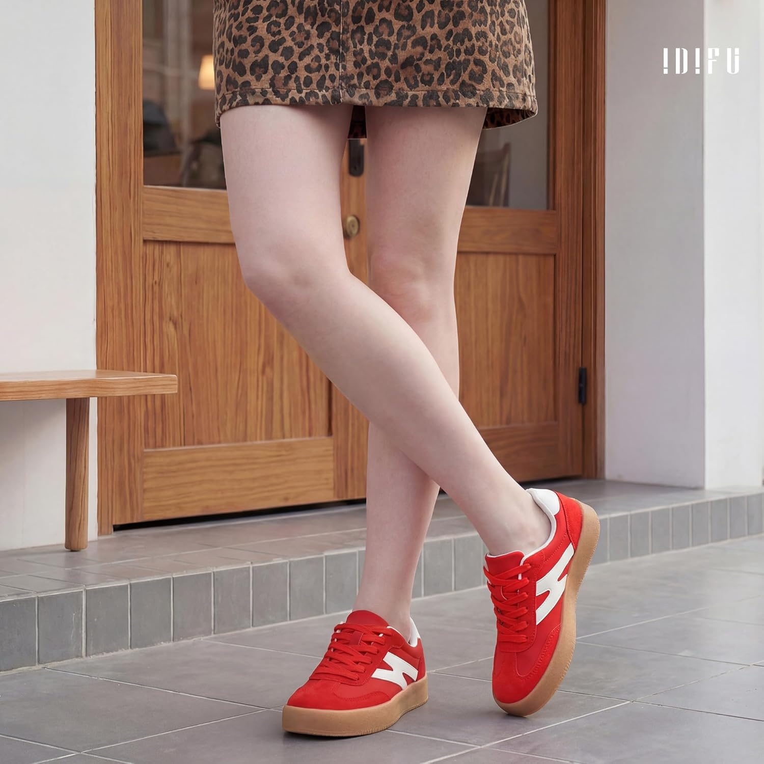image:imageIDIFU Womens Fashion Sneakers Trendy Comfortable Cute Laceup Shoes Tennis Work Ladies Shoes Casual Classic Retro Non Slip Lightweight SneakersRed Pu