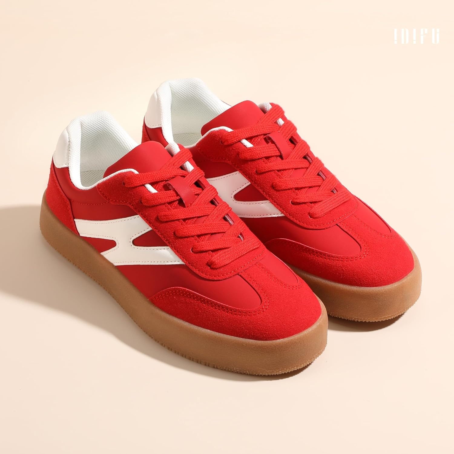 image:imageIDIFU Womens Fashion Sneakers Trendy Comfortable Cute Laceup Shoes Tennis Work Ladies Shoes Casual Classic Retro Non Slip Lightweight SneakersRed Pu