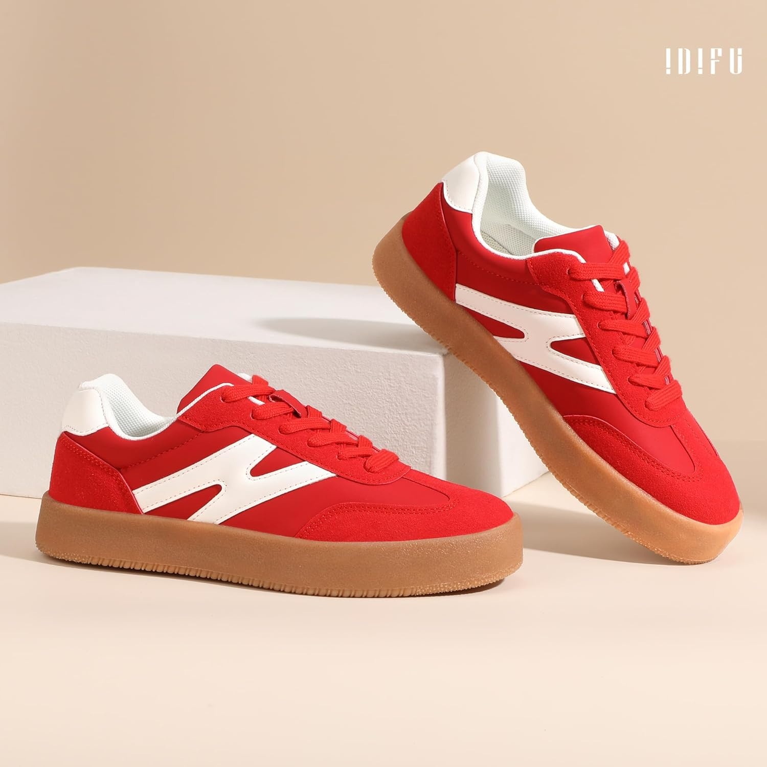 image:imageIDIFU Womens Fashion Sneakers Trendy Comfortable Cute Laceup Shoes Tennis Work Ladies Shoes Casual Classic Retro Non Slip Lightweight SneakersRed Pu
