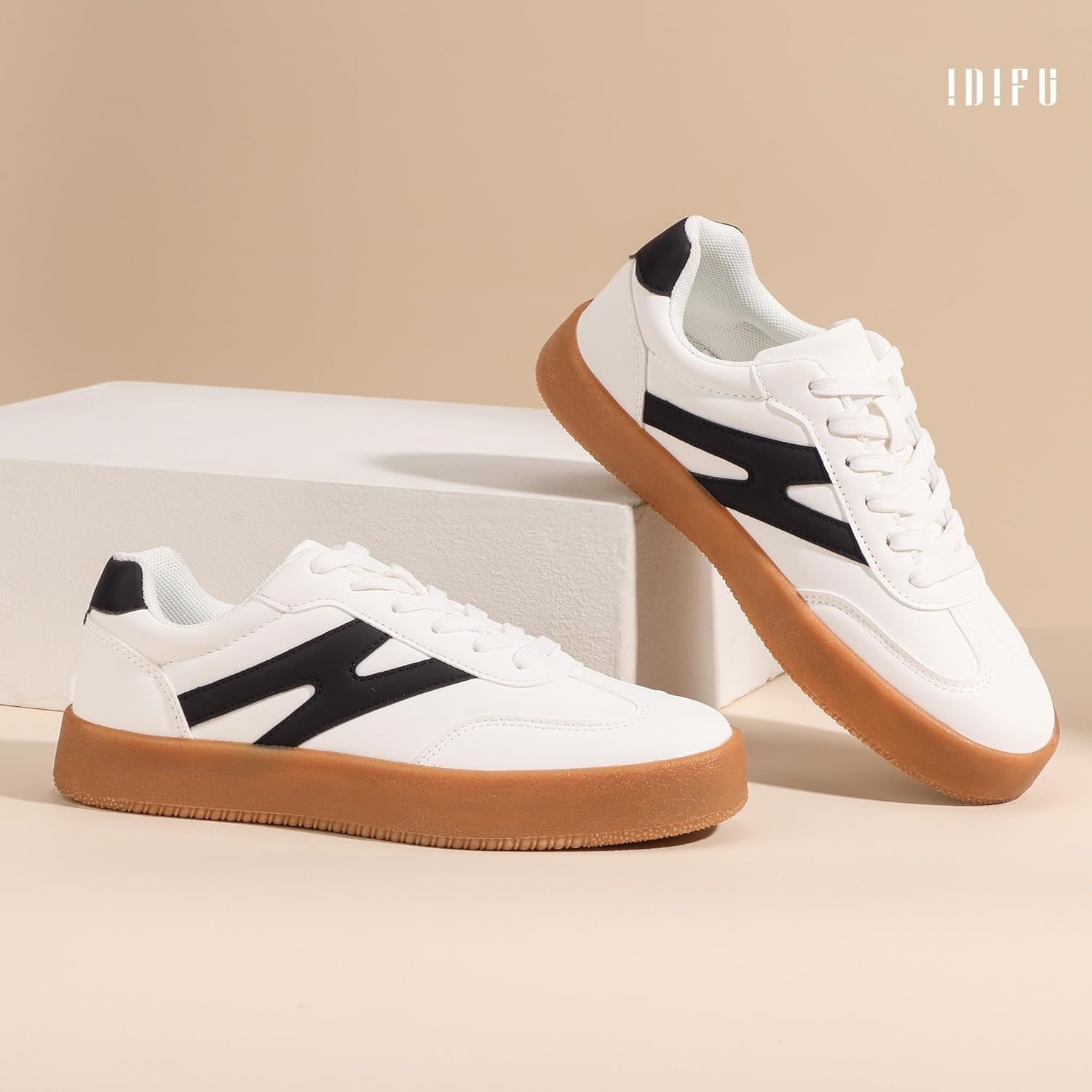 image:imageIDIFU Womens Fashion Sneakers Trendy Comfortable Cute Laceup Shoes Tennis Work Ladies Shoes Casual Classic Retro Non Slip Lightweight SneakersWhite Pu