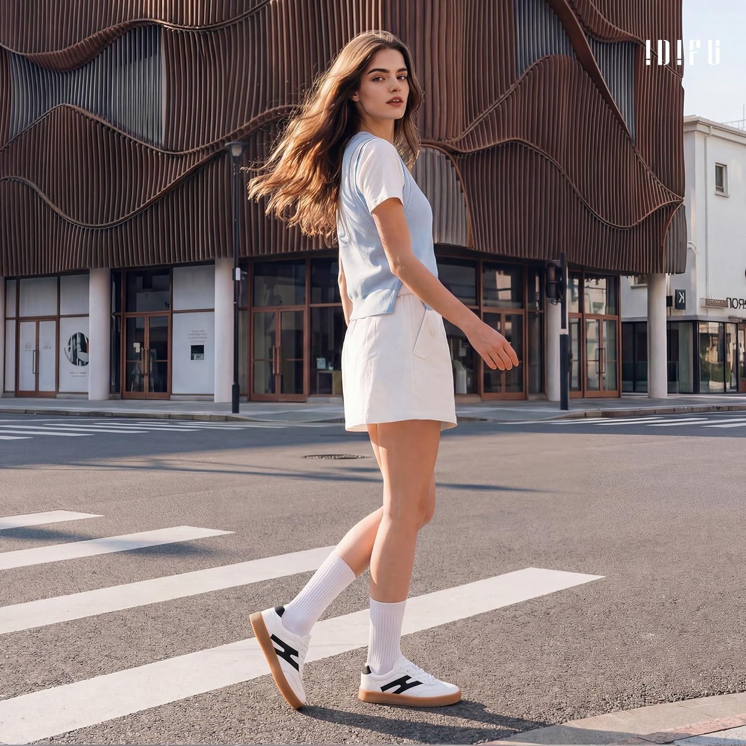 image:imageIDIFU Womens Fashion Sneakers Trendy Comfortable Cute Laceup Shoes Tennis Work Ladies Shoes Casual Classic Retro Non Slip Lightweight SneakersWhite Pu