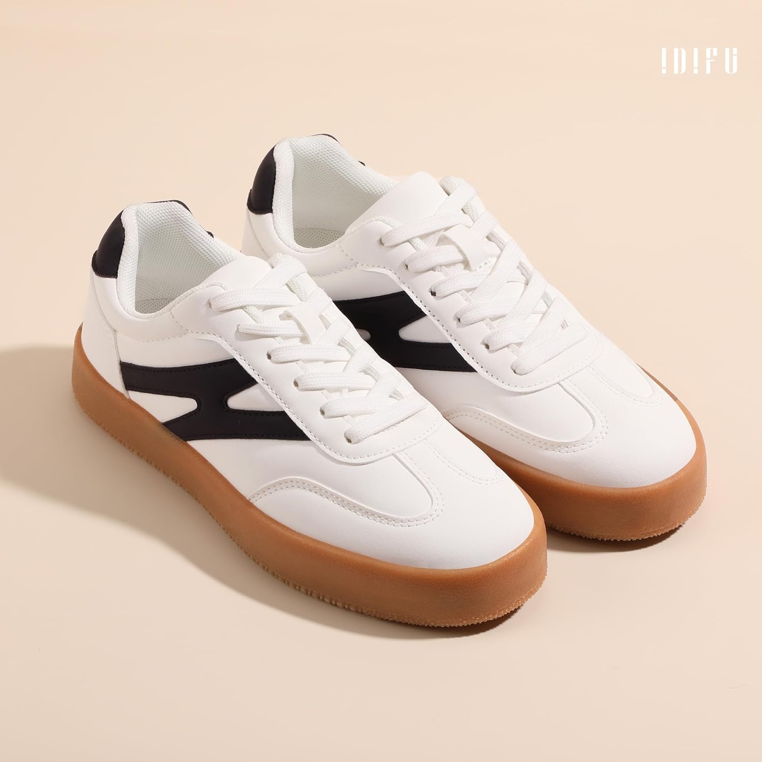 image:imageIDIFU Womens Fashion Sneakers Trendy Comfortable Cute Laceup Shoes Tennis Work Ladies Shoes Casual Classic Retro Non Slip Lightweight SneakersWhite Pu