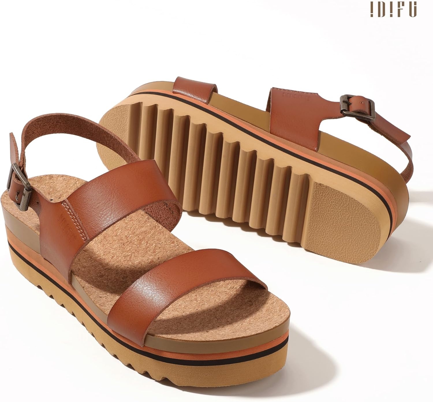 image:imageIDIFU Womens IN2 Platform Sandals Comfortable Arch Support Low Heeled Wedge Chunky Sandals Ankle Strap Flatform Footbed Summer Beach Slingback Dress Shoes for Women Ladies Cute Buckle PlatformsBrown Pu