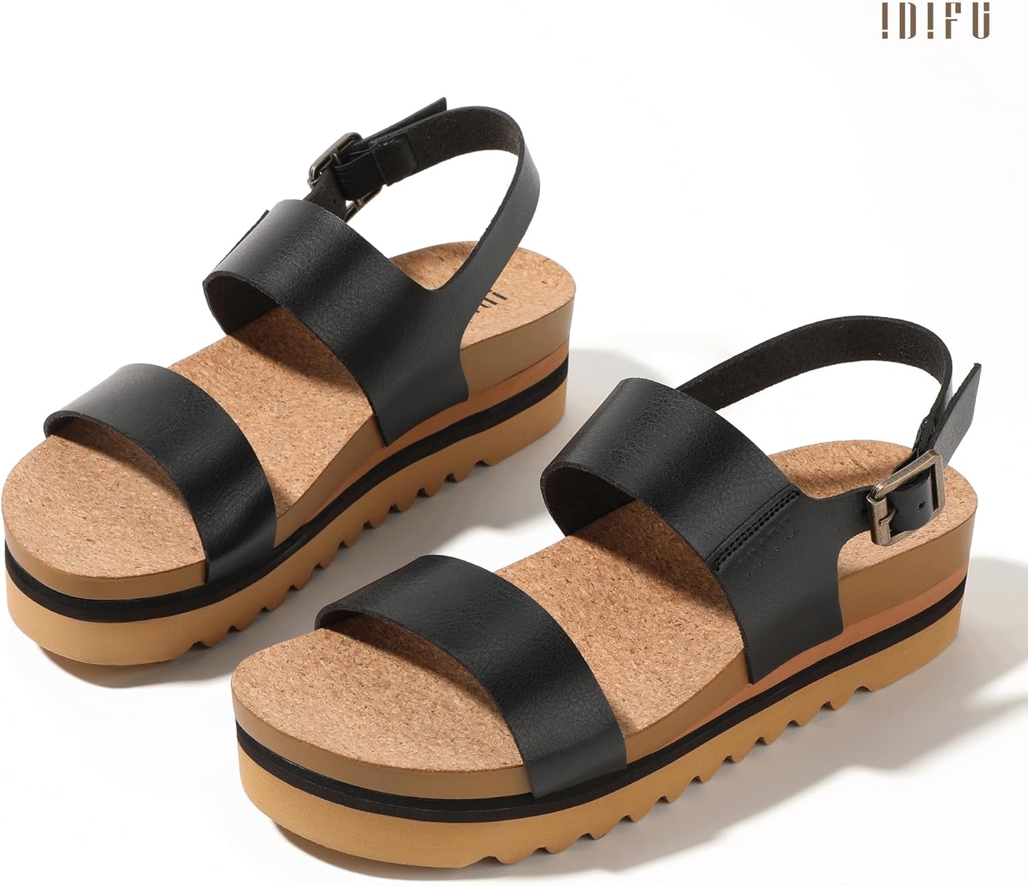 image:imageIDIFU Womens IN2 Platform Sandals Comfortable Arch Support Low Heeled Wedge Chunky Sandals Ankle Strap Flatform Footbed Summer Beach Slingback Dress Shoes for Women Ladies Cute Buckle PlatformsBlack Pu