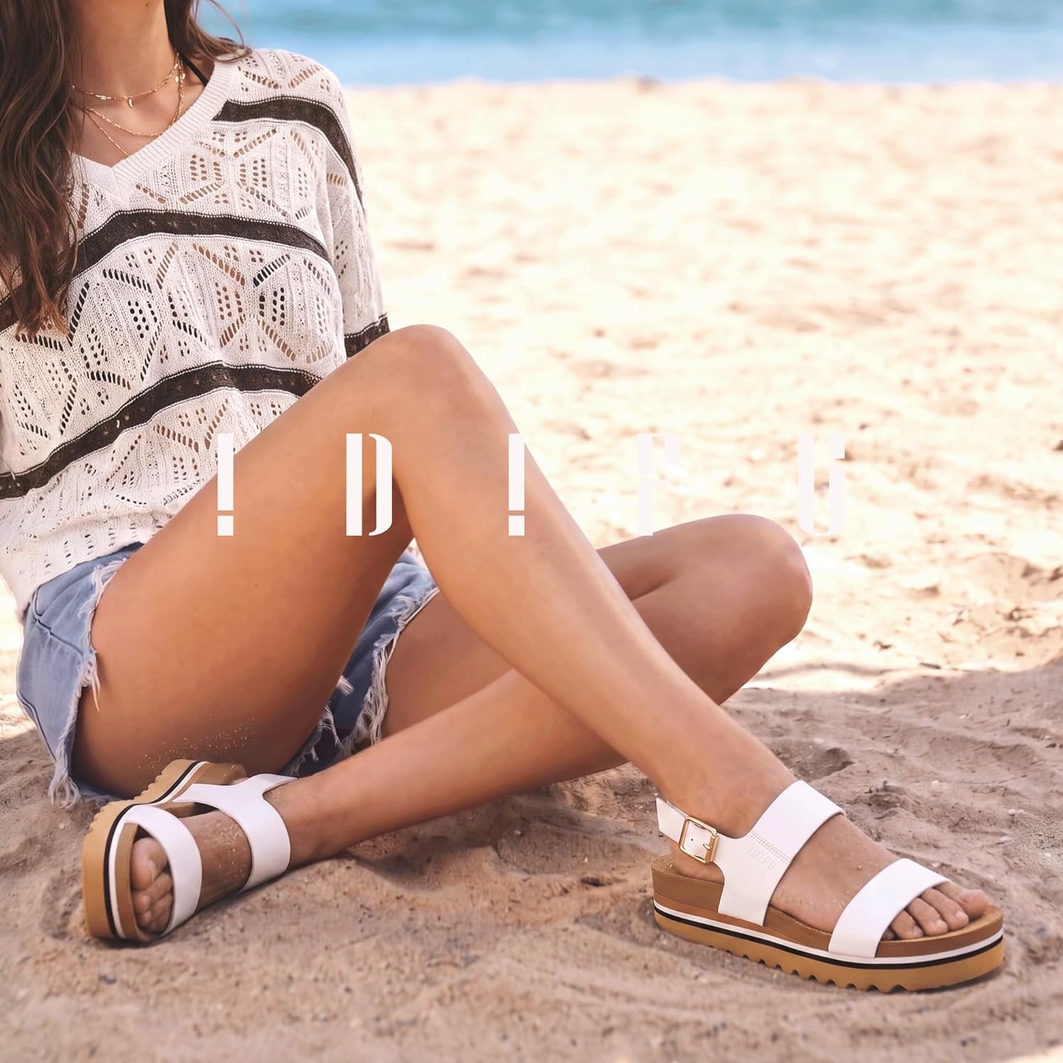 image:imageIDIFU Womens IN2 Platform Sandals Comfortable Arch Support Low Heeled Wedge Chunky Sandals Ankle Strap Flatform Footbed Summer Beach Slingback Dress Shoes for Women Ladies Cute Buckle PlatformsWhite Pu