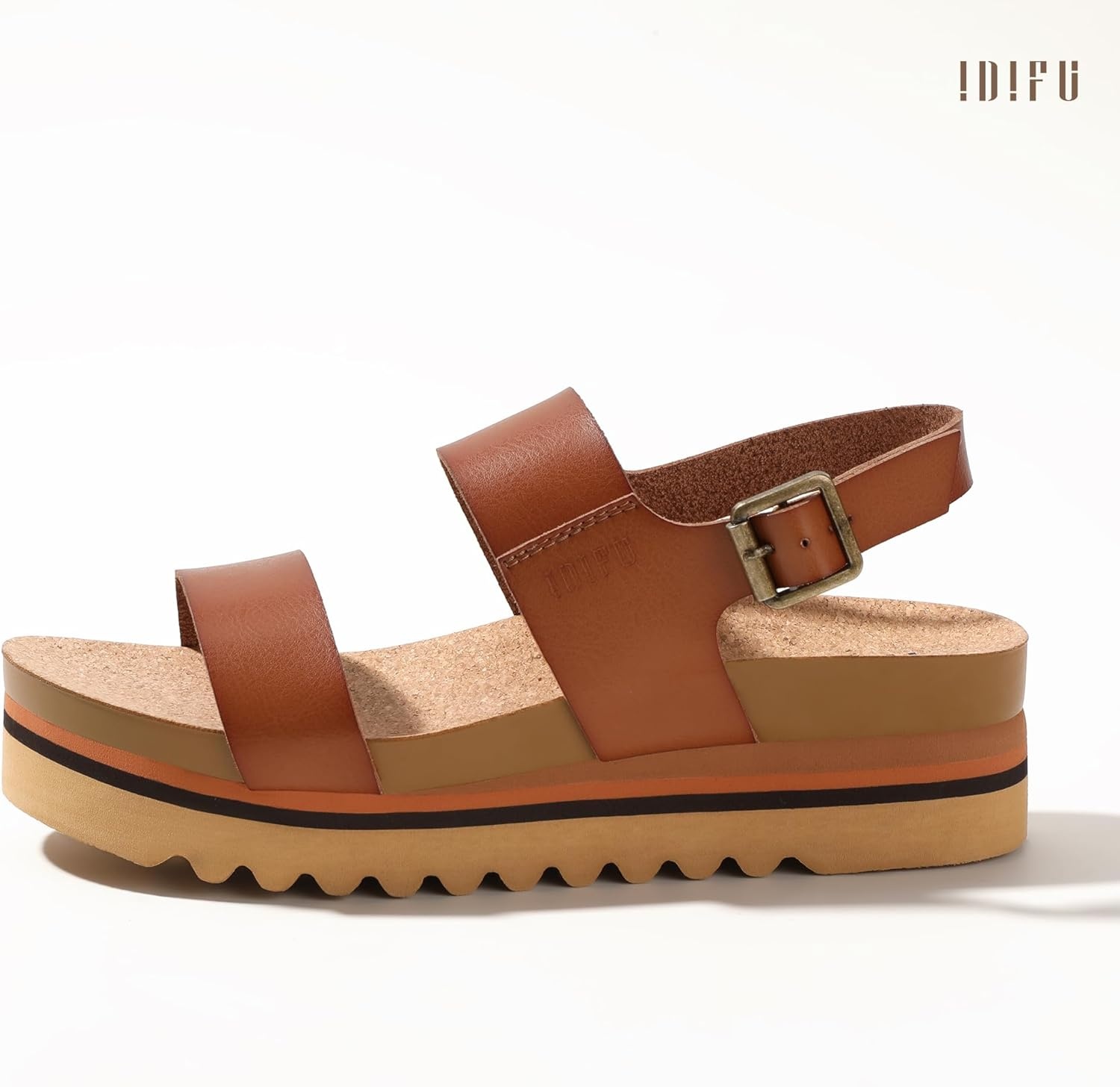 image:imageIDIFU Womens IN2 Platform Sandals Comfortable Arch Support Low Heeled Wedge Chunky Sandals Ankle Strap Flatform Footbed Summer Beach Slingback Dress Shoes for Women Ladies Cute Buckle PlatformsBrown Pu