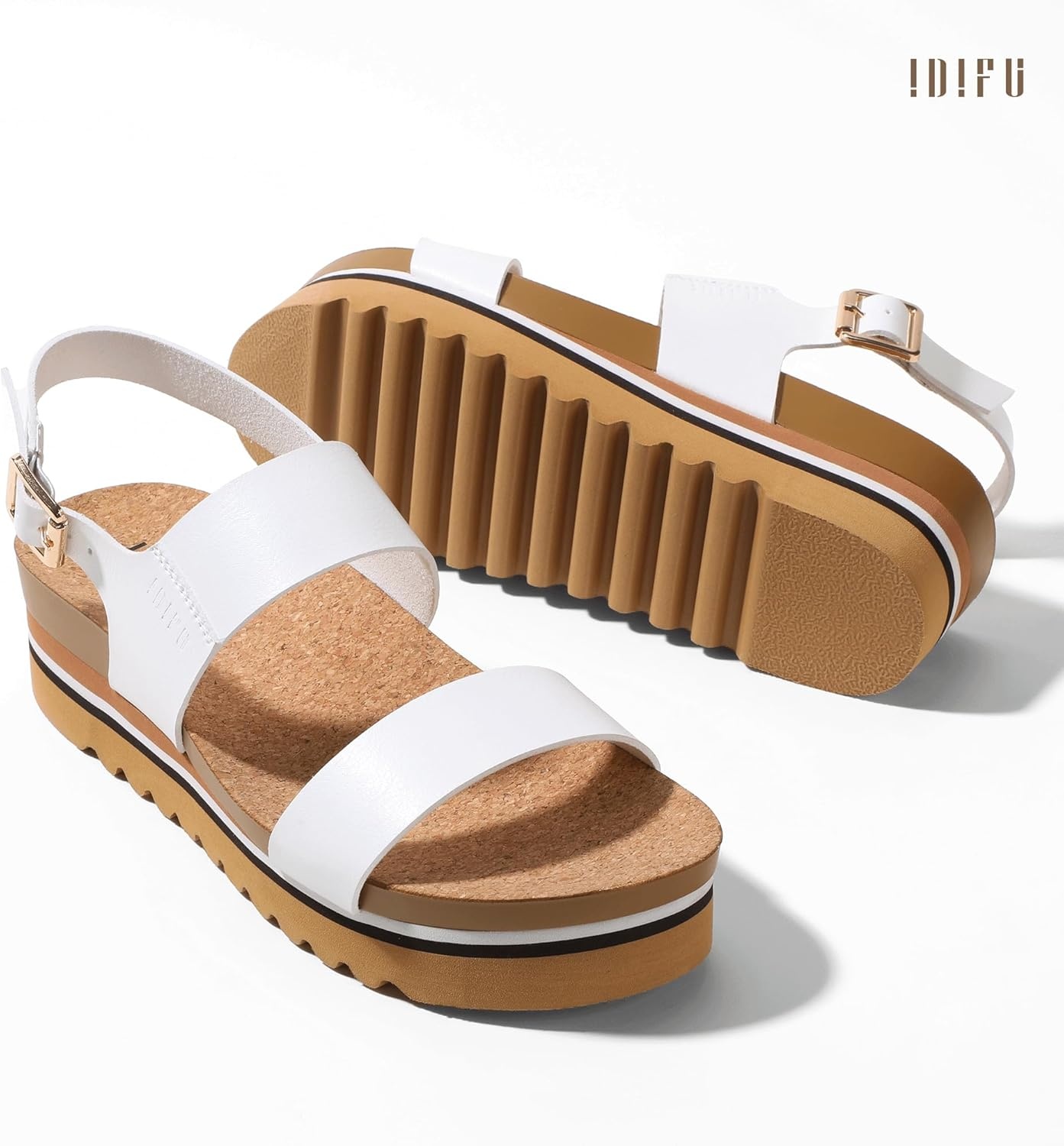 image:imageIDIFU Womens IN2 Platform Sandals Comfortable Arch Support Low Heeled Wedge Chunky Sandals Ankle Strap Flatform Footbed Summer Beach Slingback Dress Shoes for Women Ladies Cute Buckle PlatformsWhite Pu