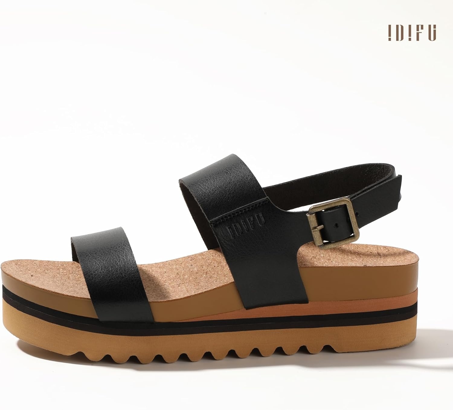 image:imageIDIFU Womens IN2 Platform Sandals Comfortable Arch Support Low Heeled Wedge Chunky Sandals Ankle Strap Flatform Footbed Summer Beach Slingback Dress Shoes for Women Ladies Cute Buckle PlatformsBlack Pu