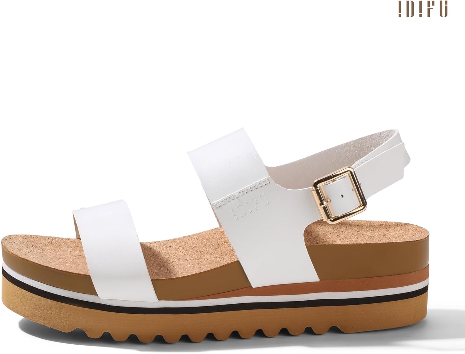 image:imageIDIFU Womens IN2 Platform Sandals Comfortable Arch Support Low Heeled Wedge Chunky Sandals Ankle Strap Flatform Footbed Summer Beach Slingback Dress Shoes for Women Ladies Cute Buckle PlatformsWhite Pu