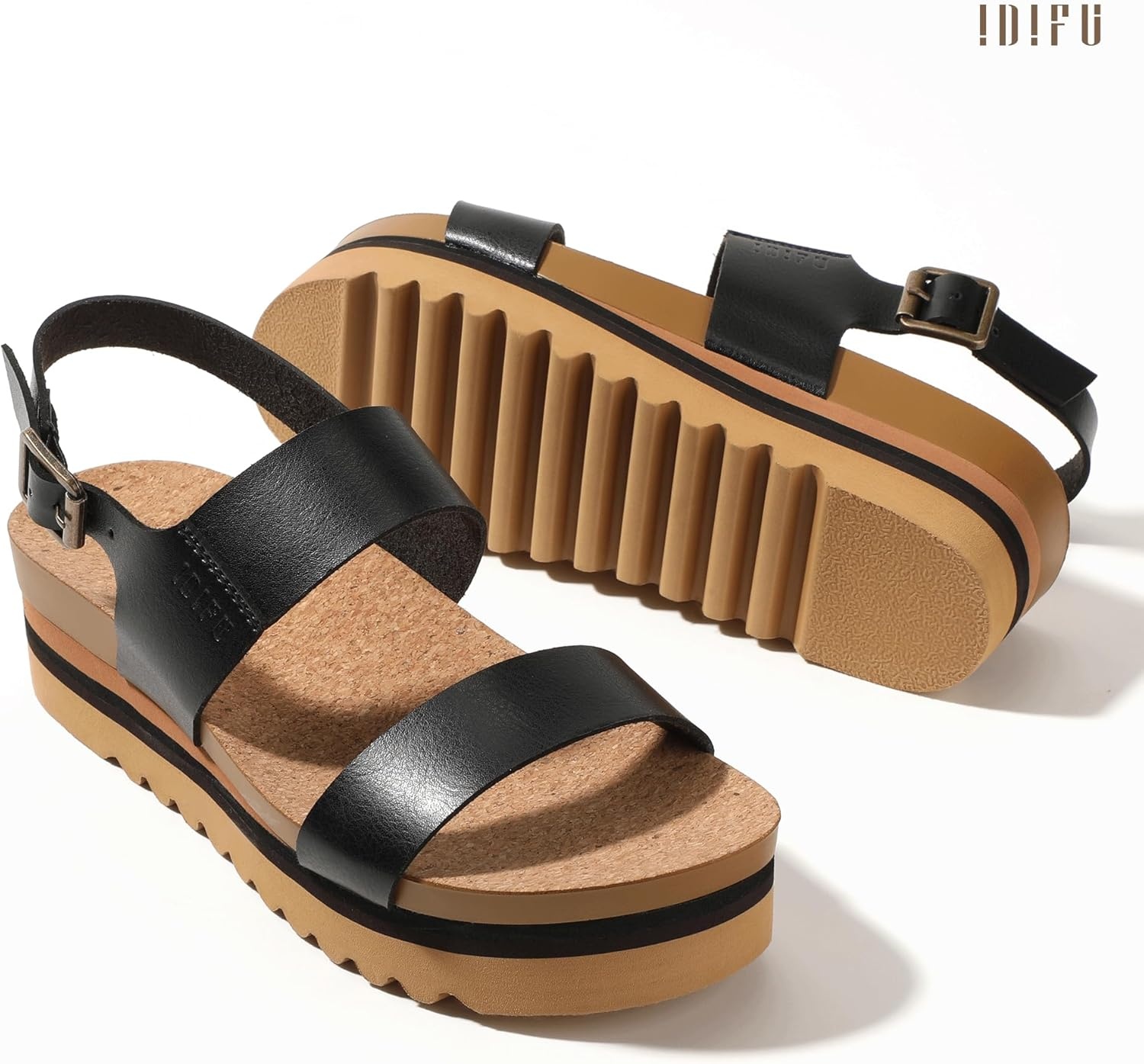 image:imageIDIFU Womens IN2 Platform Sandals Comfortable Arch Support Low Heeled Wedge Chunky Sandals Ankle Strap Flatform Footbed Summer Beach Slingback Dress Shoes for Women Ladies Cute Buckle PlatformsBlack Pu