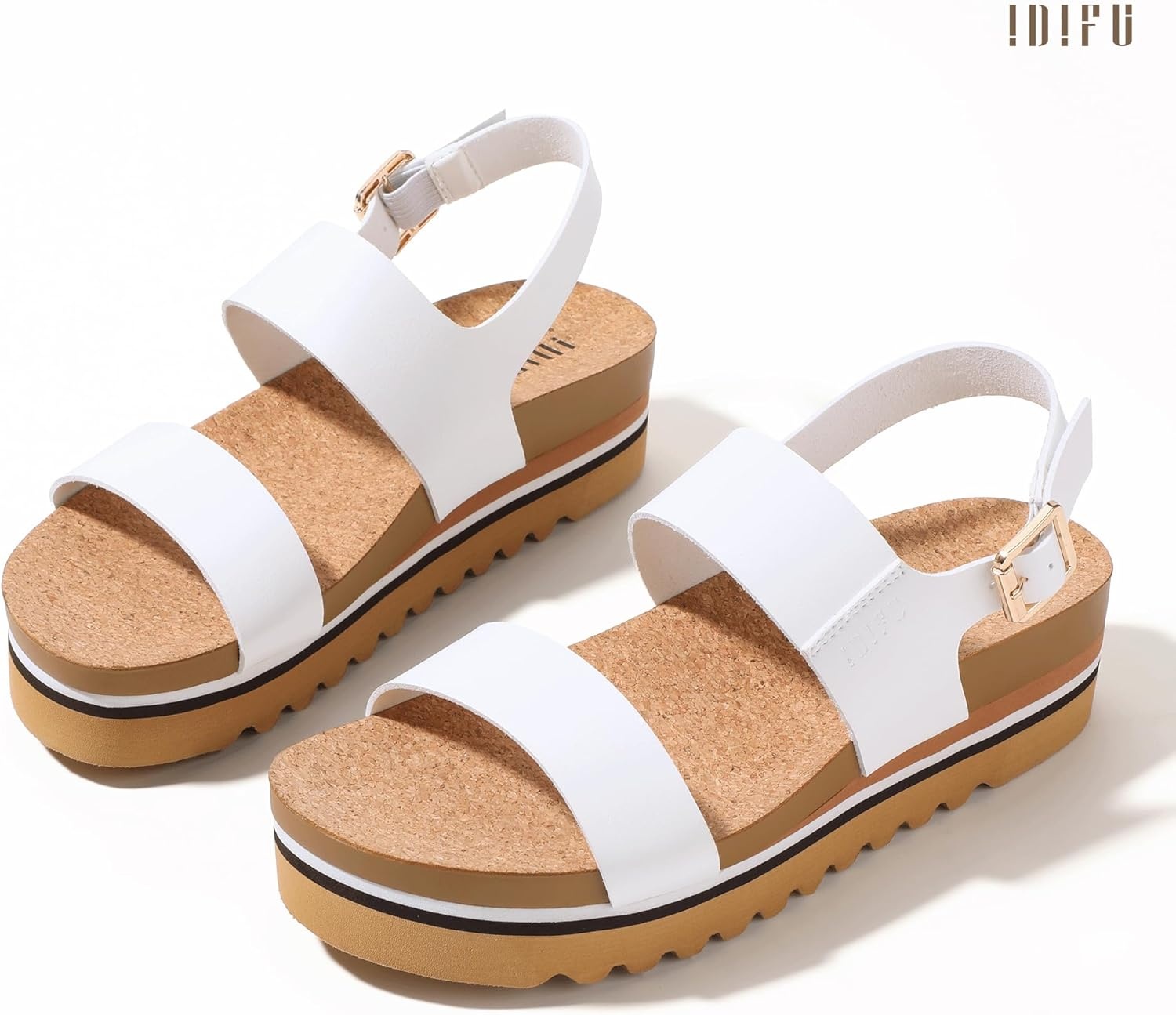 image:imageIDIFU Womens IN2 Platform Sandals Comfortable Arch Support Low Heeled Wedge Chunky Sandals Ankle Strap Flatform Footbed Summer Beach Slingback Dress Shoes for Women Ladies Cute Buckle PlatformsWhite Pu