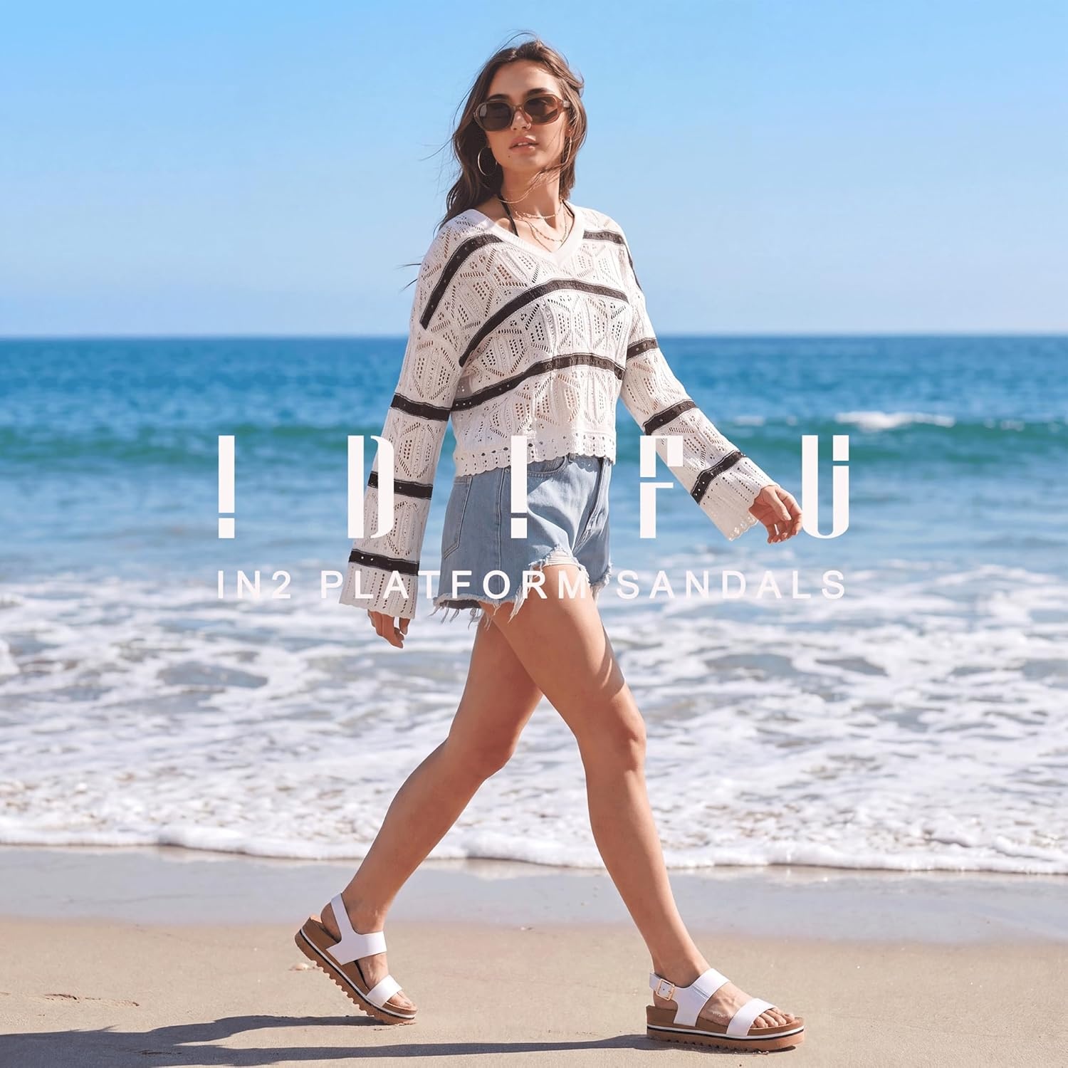 image:imageIDIFU Womens IN2 Platform Sandals Comfortable Arch Support Low Heeled Wedge Chunky Sandals Ankle Strap Flatform Footbed Summer Beach Slingback Dress Shoes for Women Ladies Cute Buckle PlatformsWhite Pu