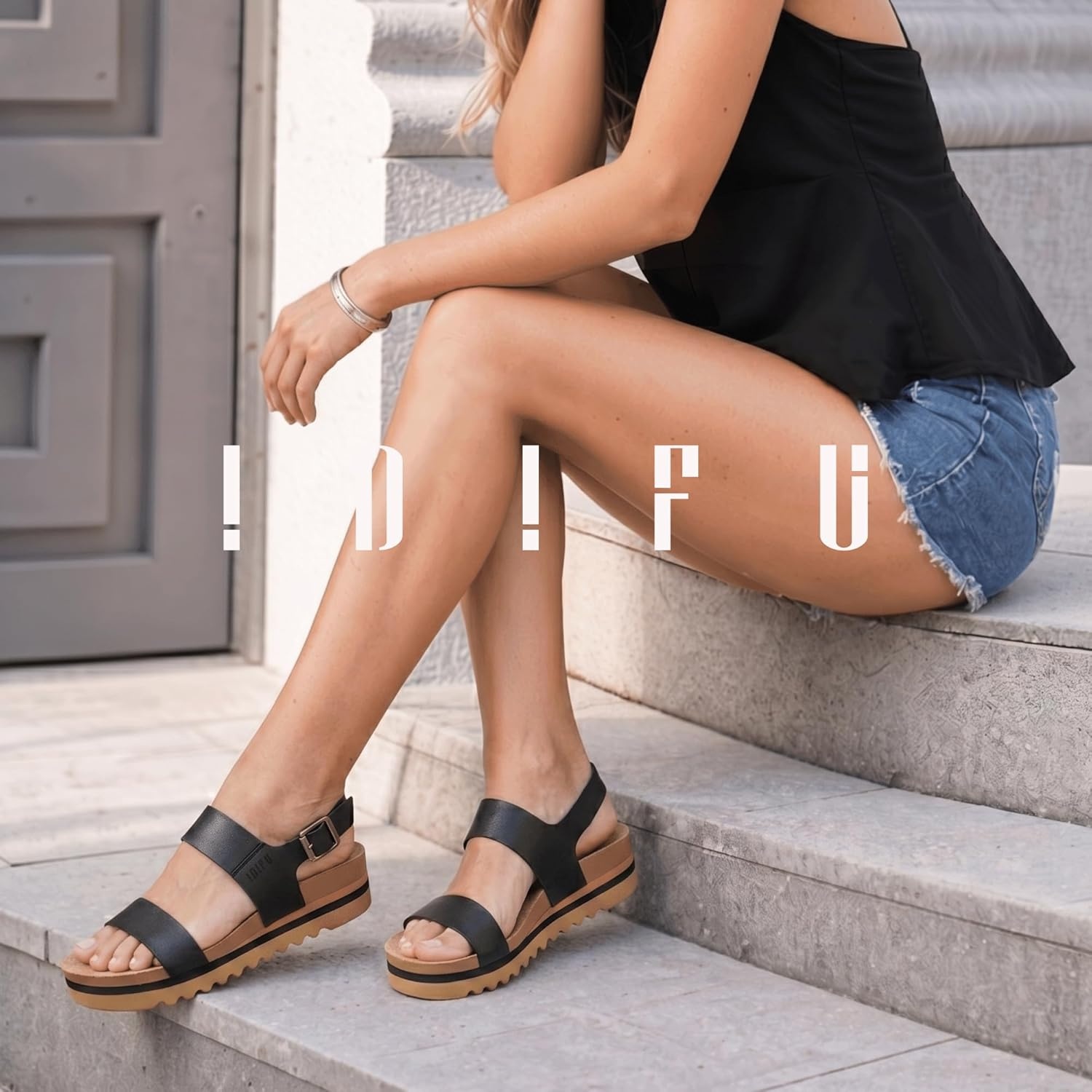image:imageIDIFU Womens IN2 Platform Sandals Comfortable Arch Support Low Heeled Wedge Chunky Sandals Ankle Strap Flatform Footbed Summer Beach Slingback Dress Shoes for Women Ladies Cute Buckle PlatformsBlack Pu