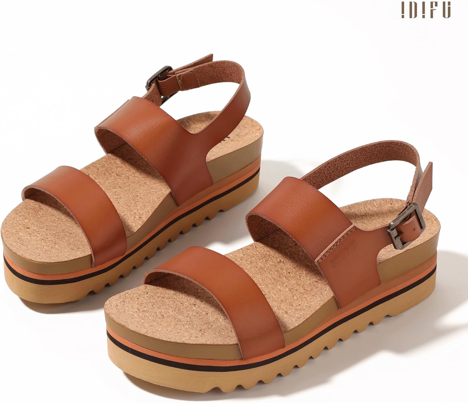 image:imageIDIFU Womens IN2 Platform Sandals Comfortable Arch Support Low Heeled Wedge Chunky Sandals Ankle Strap Flatform Footbed Summer Beach Slingback Dress Shoes for Women Ladies Cute Buckle PlatformsBrown Pu